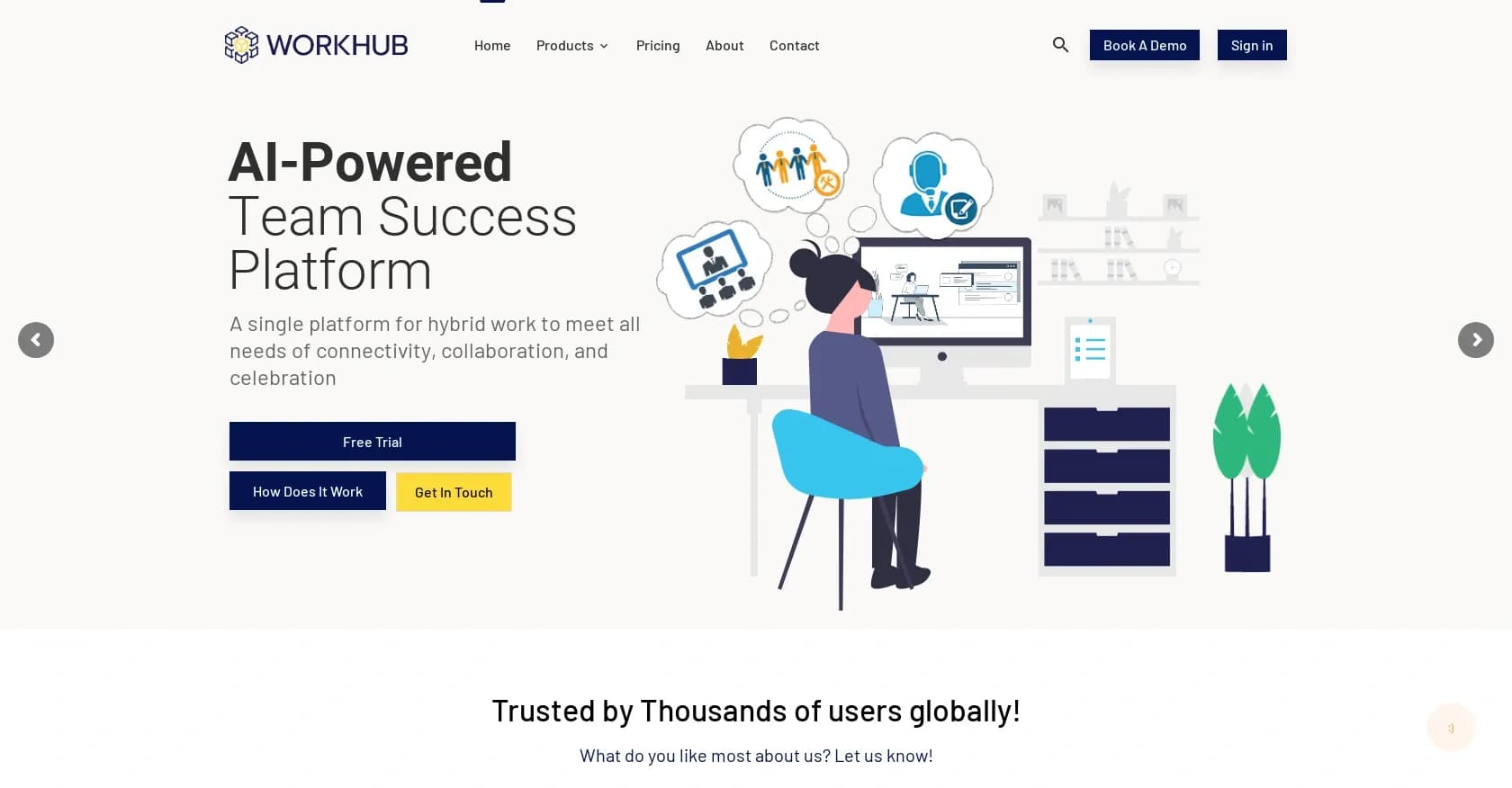 WorkHub homepage screenshot — Boost team efficiency in the hybrid workplace
