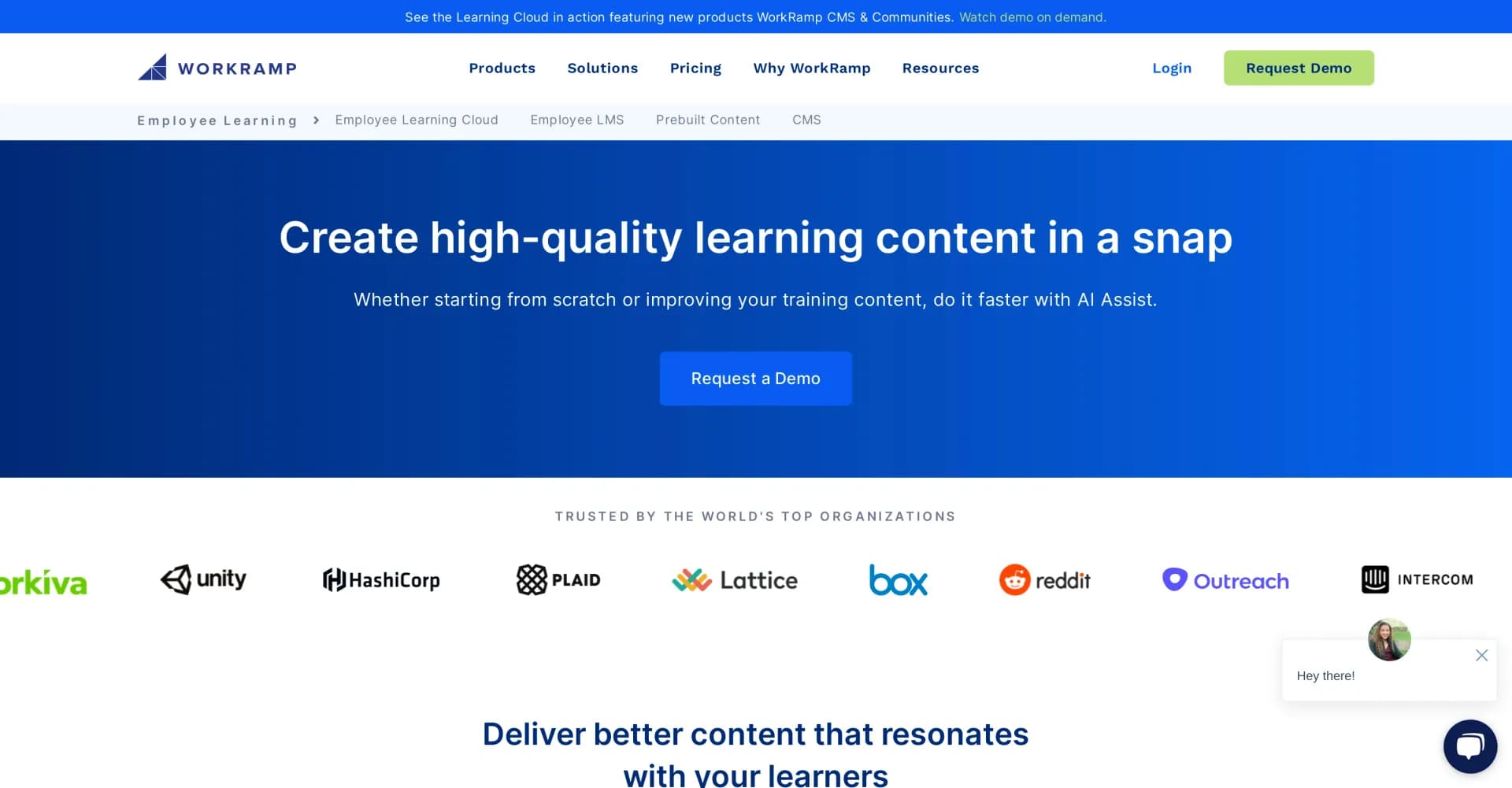 WorkRamp homepage screenshot — Do training content faster with WorkRamp's AI powered LMS.