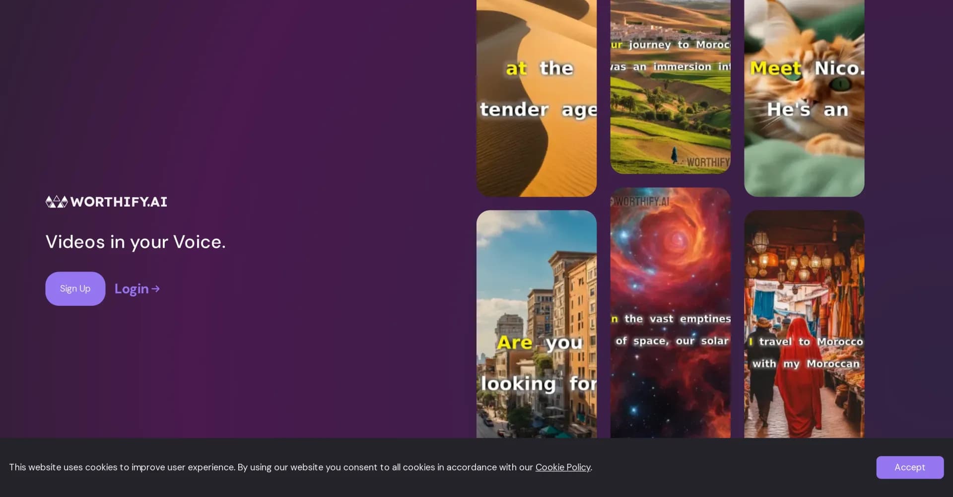 Worthify homepage screenshot — Videos in your voice, ideas brought to life.
