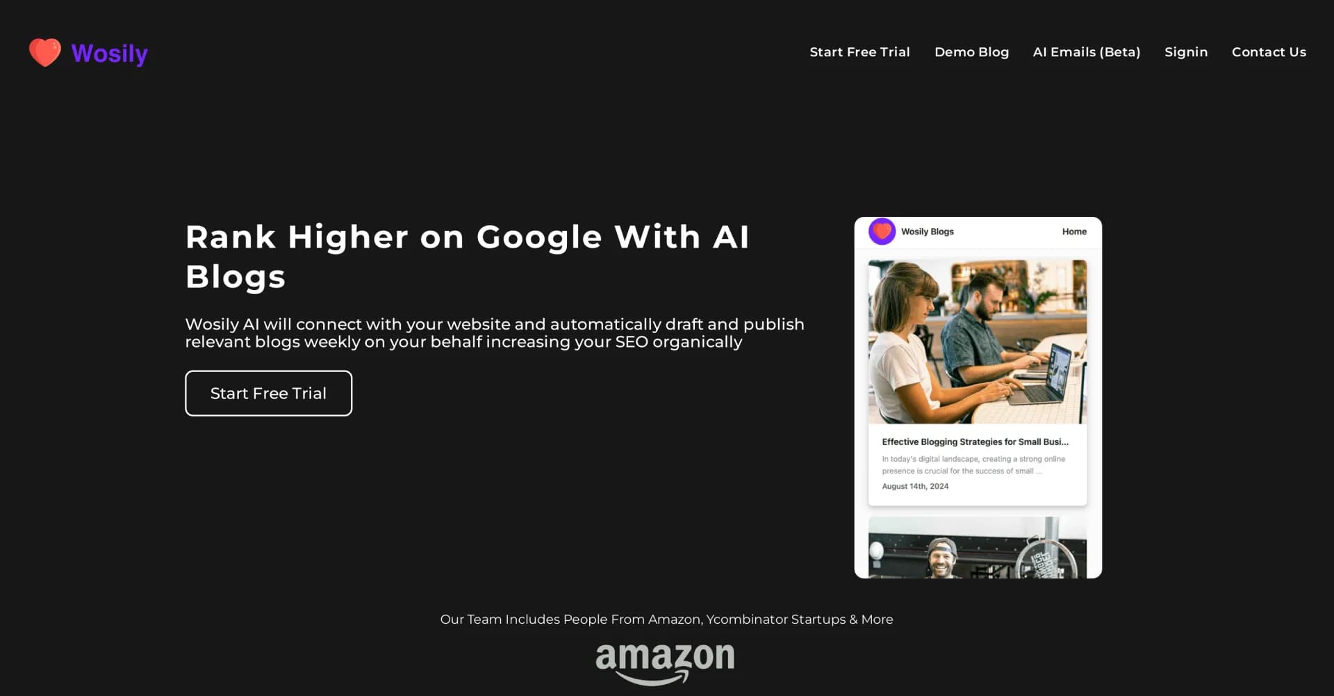 Wosily AI homepage screenshot — Boost SEO with AI-generated weekly blogs.
