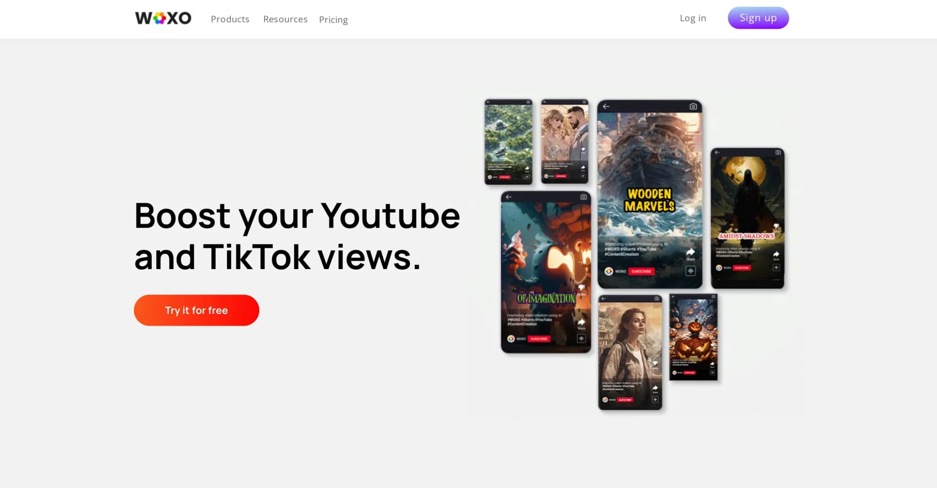 WOXO homepage screenshot — Convert text into stunning AI-generated videos.