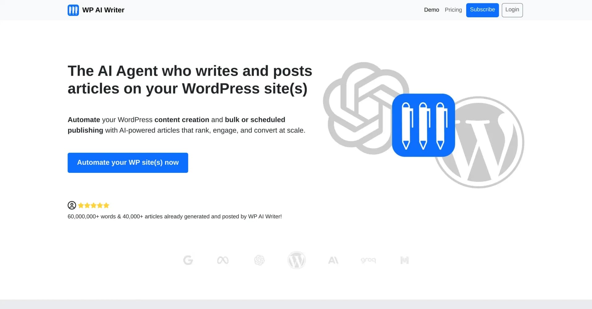WP AI Writer homepage screenshot — Automate WordPress content creation and publishing with AI.