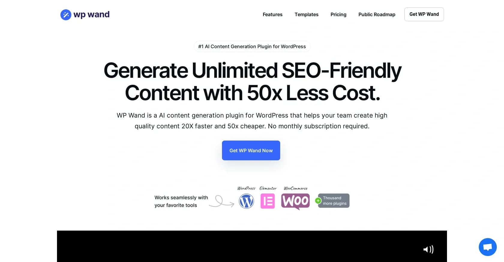 WP Wand homepage screenshot — Generate unlimited SEO-friendly content 50x cheaper.