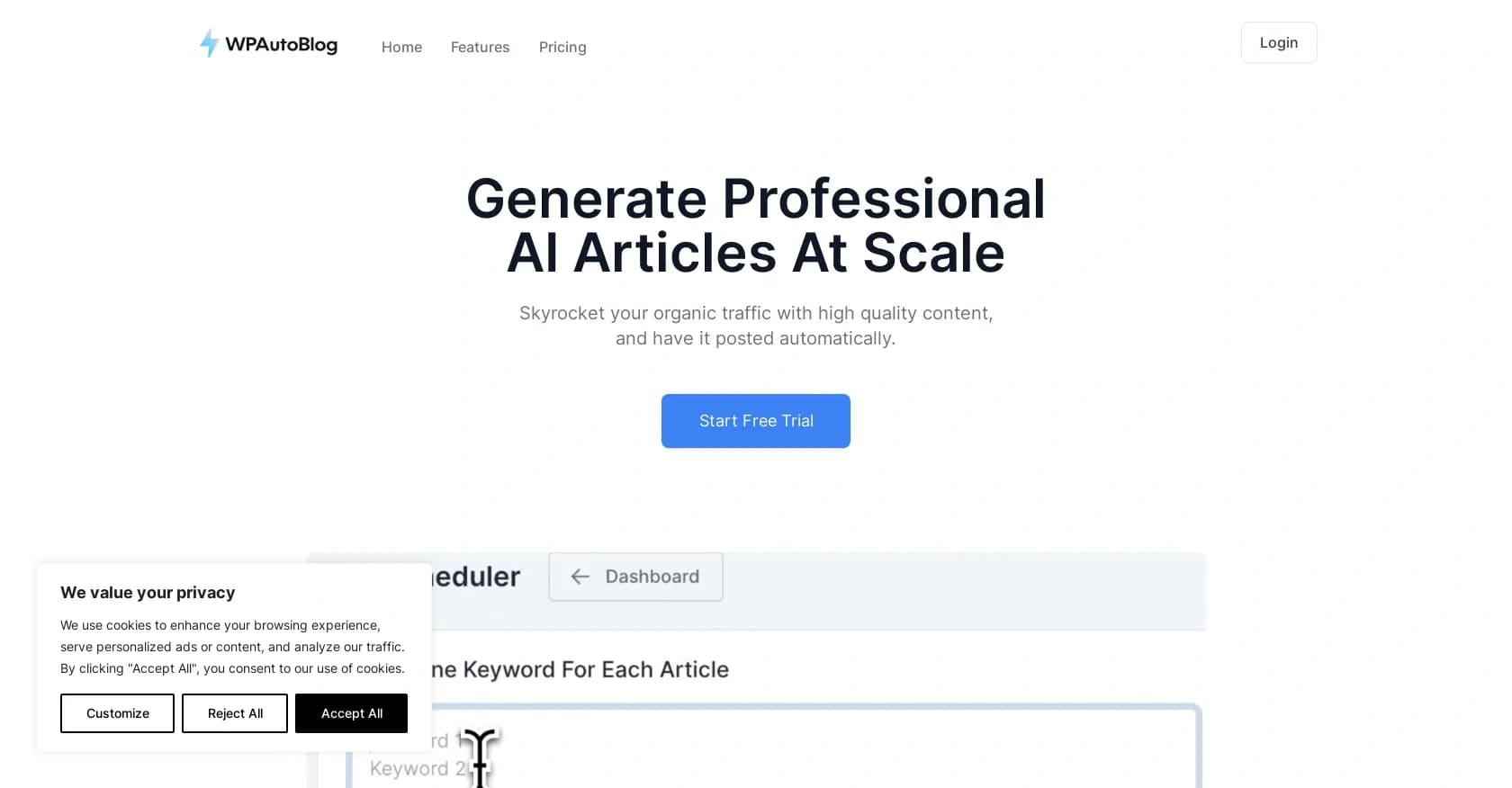 WPAutoBlog homepage screenshot — AI-powered autoblogging for WordPress sites.