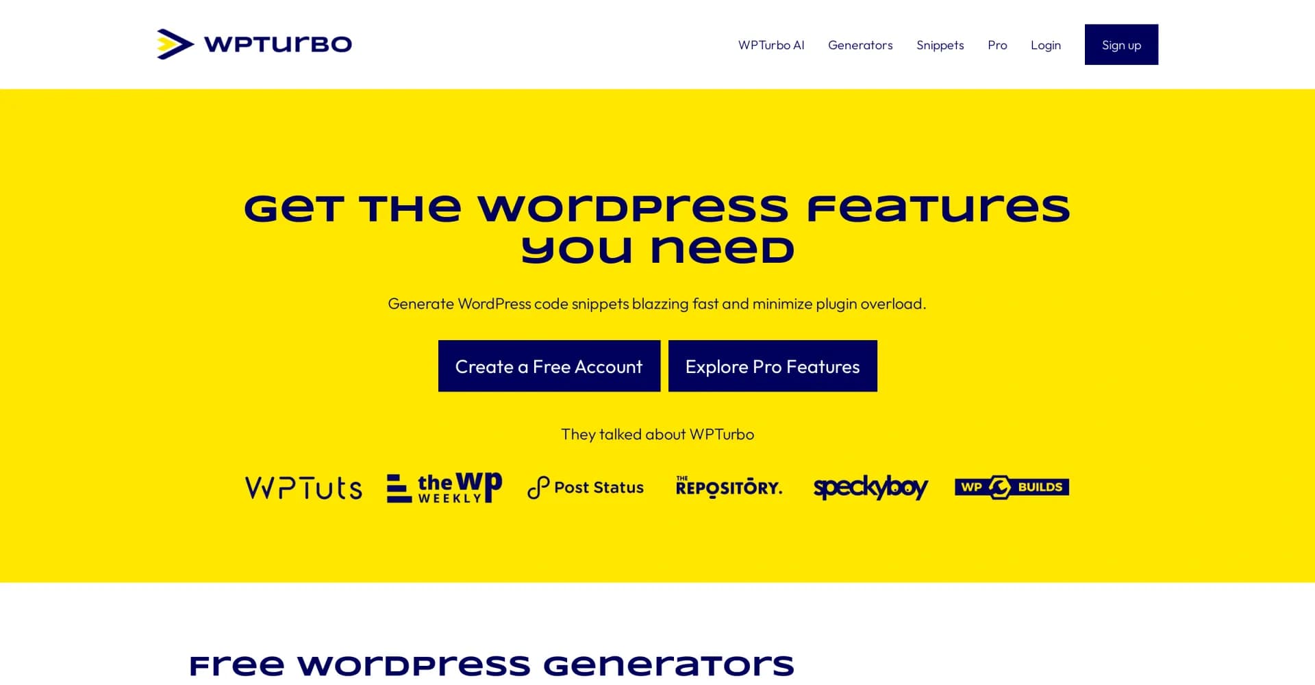WPTurbo homepage screenshot — Generate WordPress code snippets blazing fast