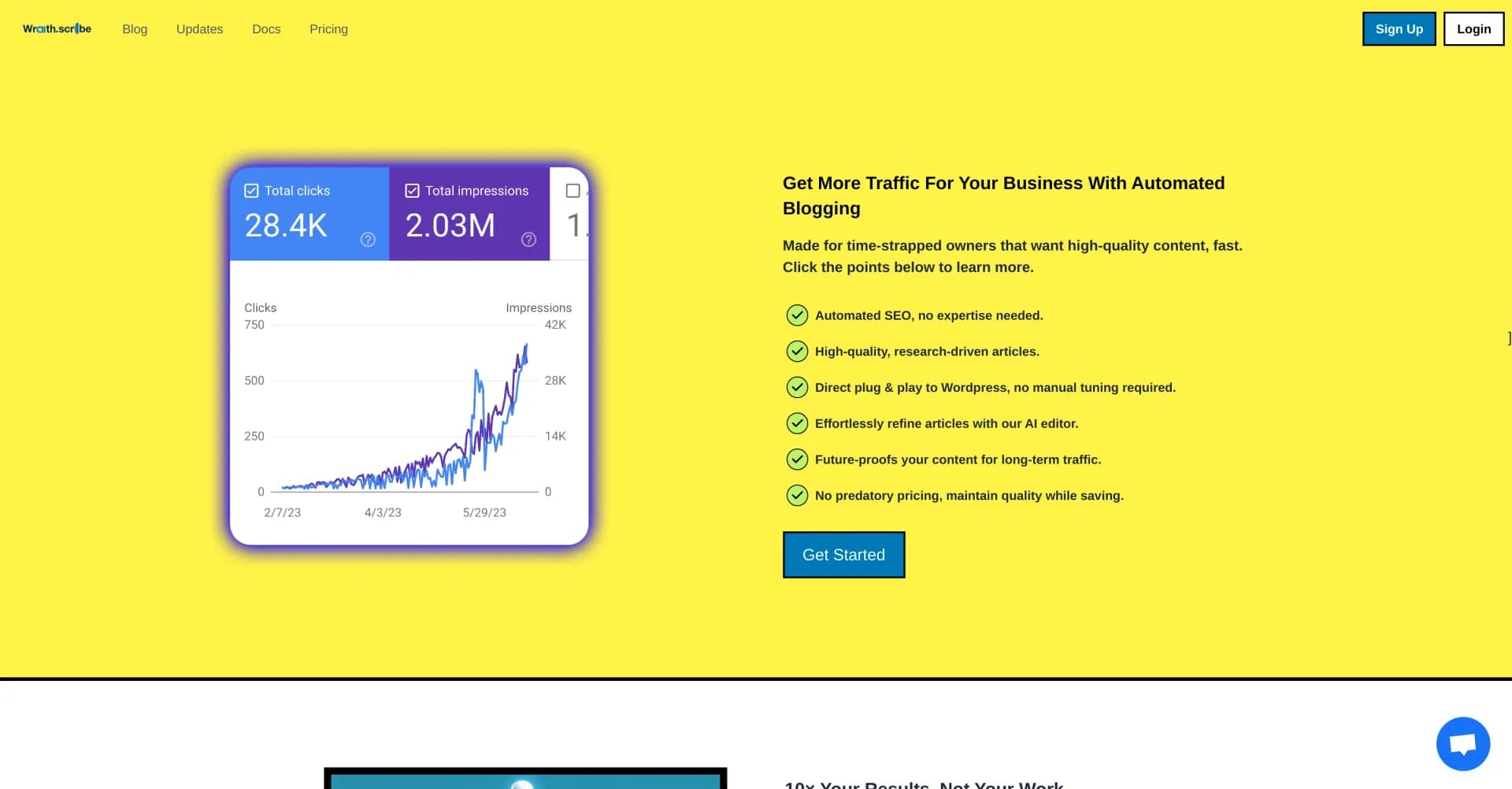 Wraithscribe homepage screenshot — 1-Click SEO'd blogs for instant traffic growth