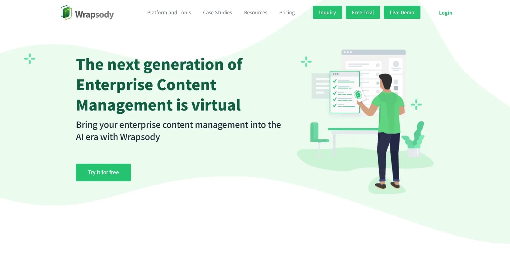 Wrapsody homepage screenshot — Revolutionize enterprise content management with virtualizat