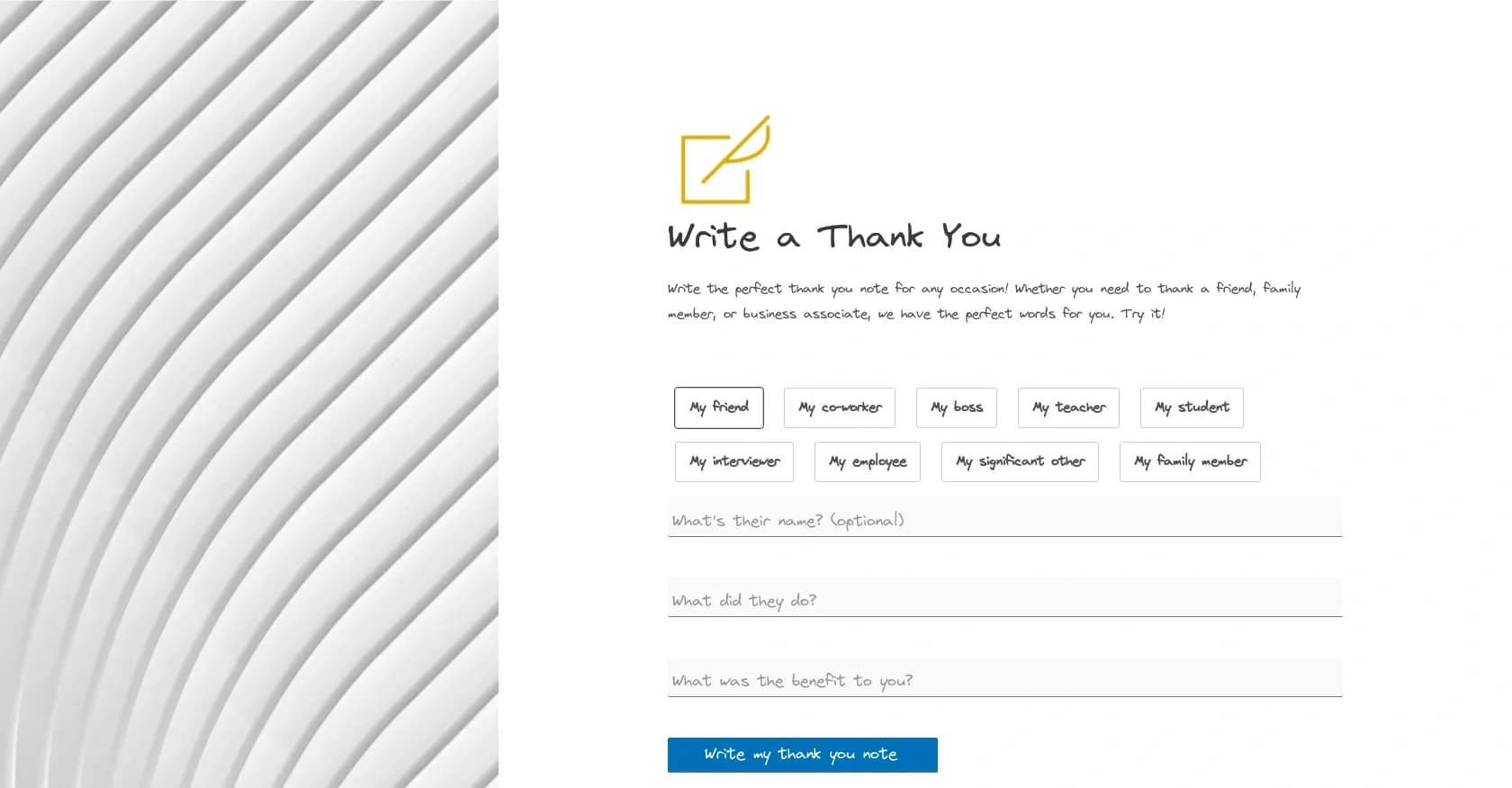 Write A Thank You homepage screenshot — Craft perfect thank you notes effortlessly.