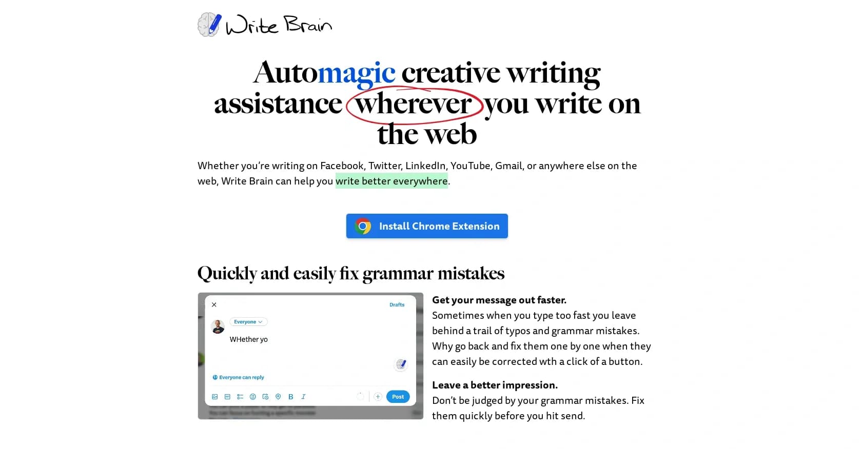 Write Brain homepage screenshot — Automagic writing assistant for the web