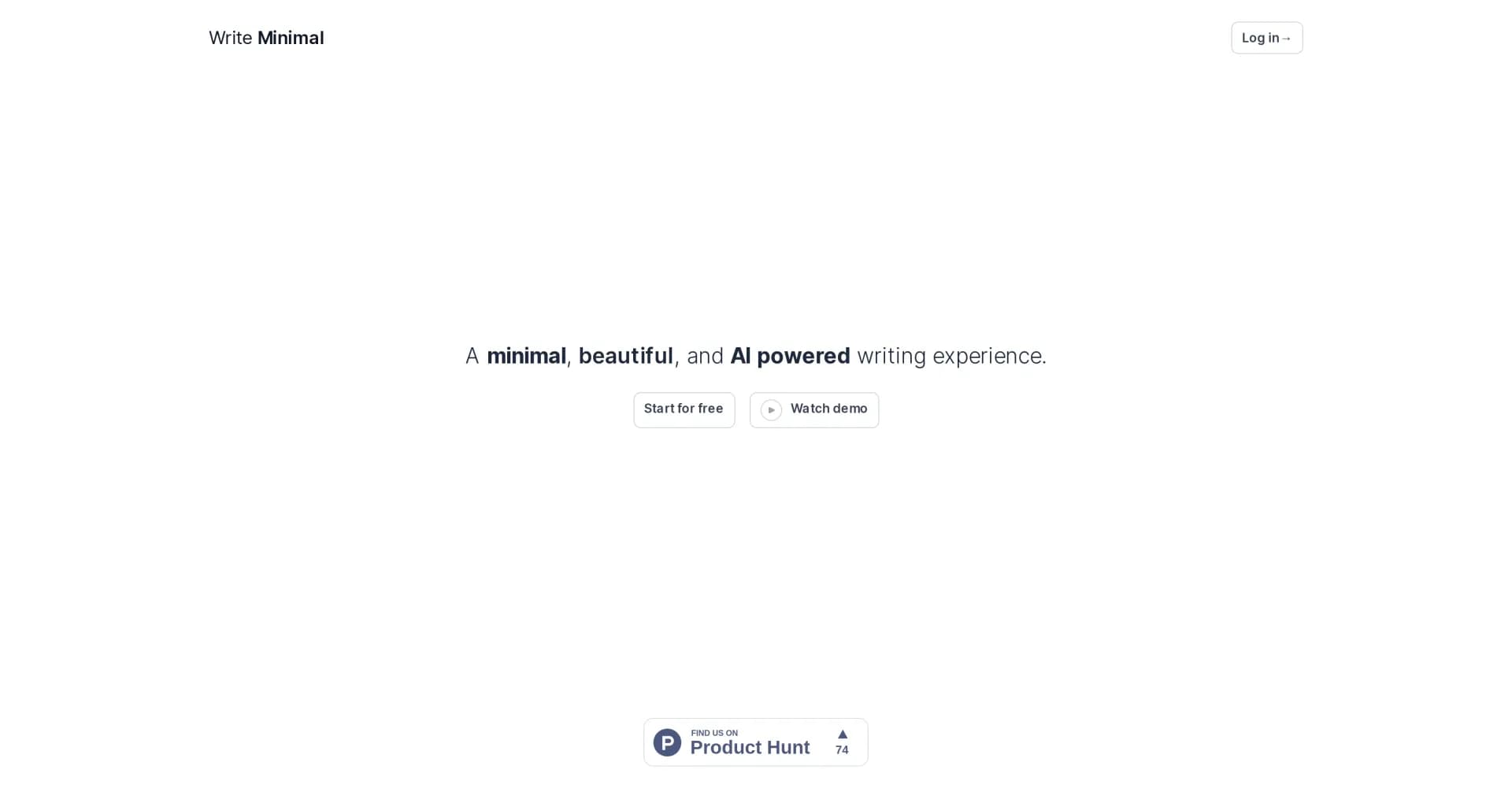 Write Minimal homepage screenshot — A minimal, beautiful, and AI powered writing experience.