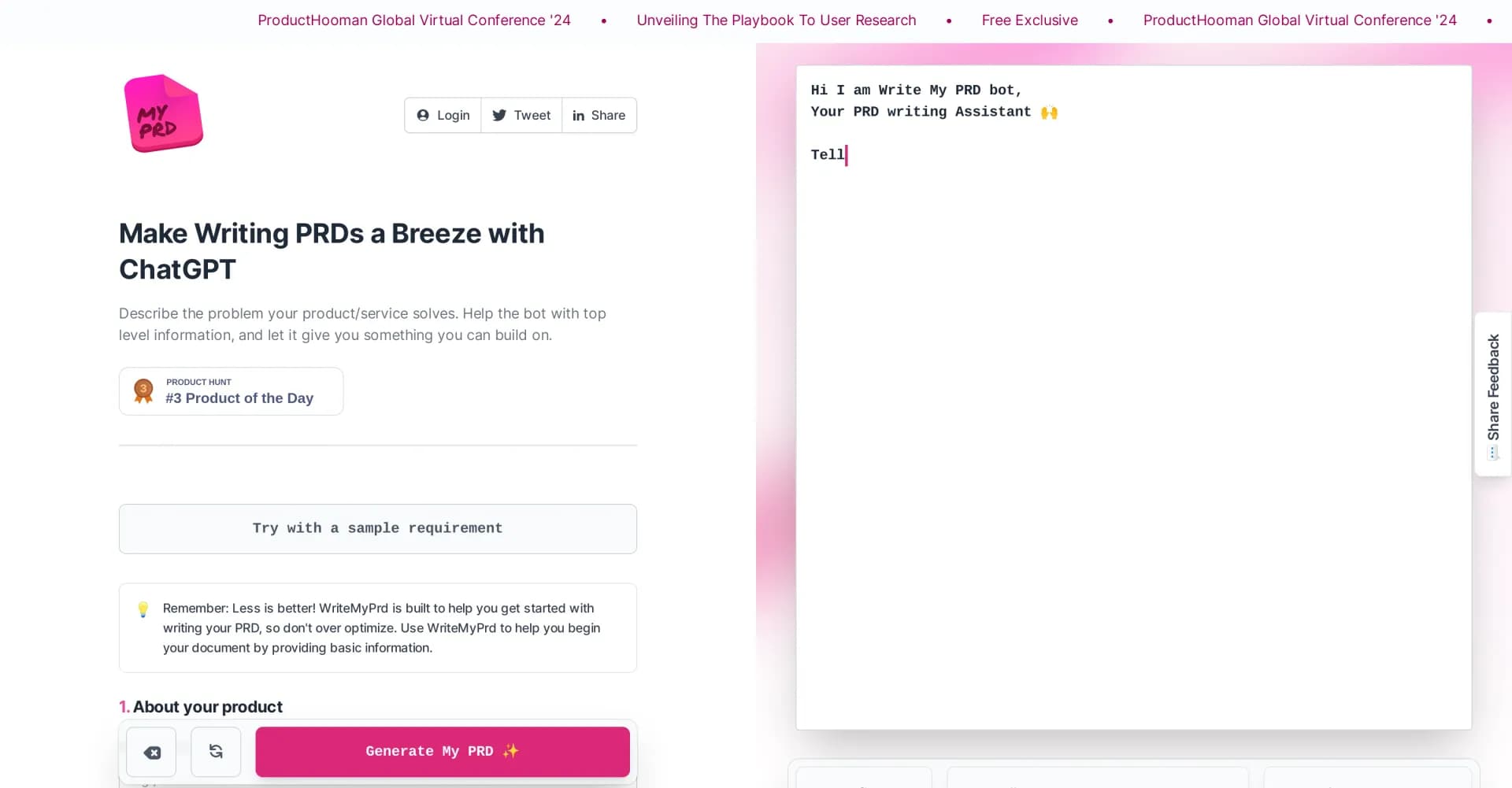 Write My PRD homepage screenshot — AI-powered PRD generation made simple.