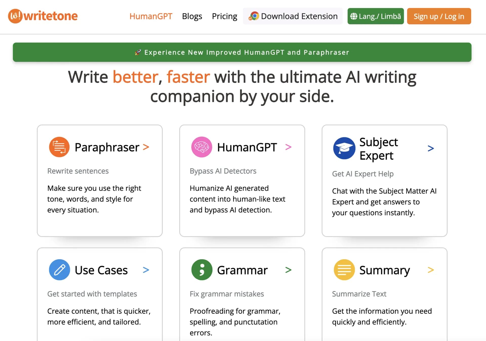 Write Tonev1.5 homepage screenshot — AI writing assistant for the perfect tone