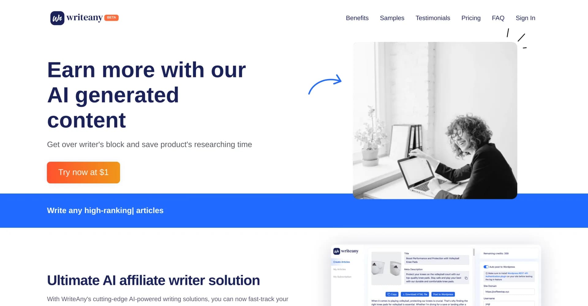 Writeany homepage screenshot — Generate blog articles in minutes with AI.