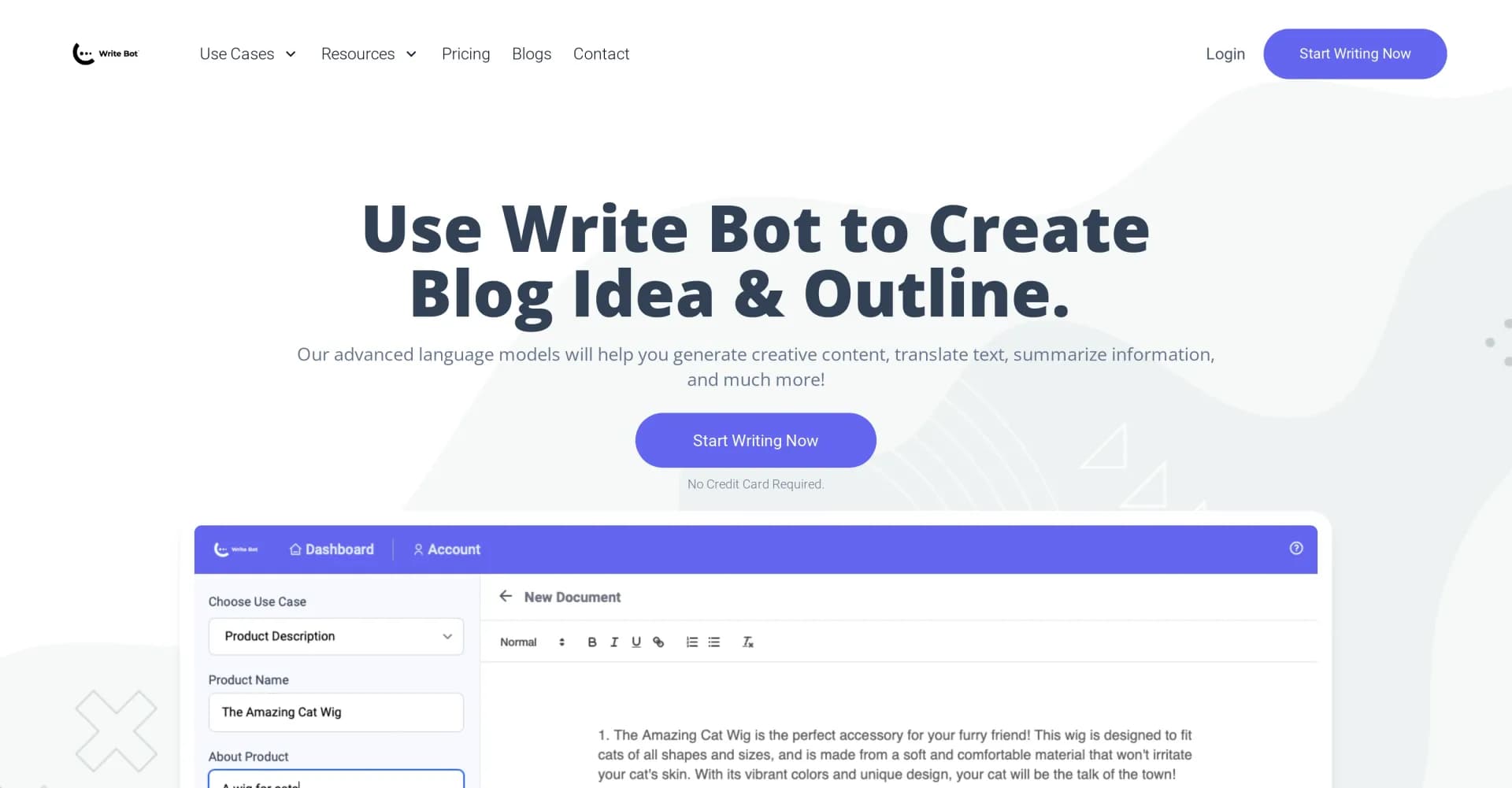 Writebot homepage screenshot — AI-powered content writing for any purpose.