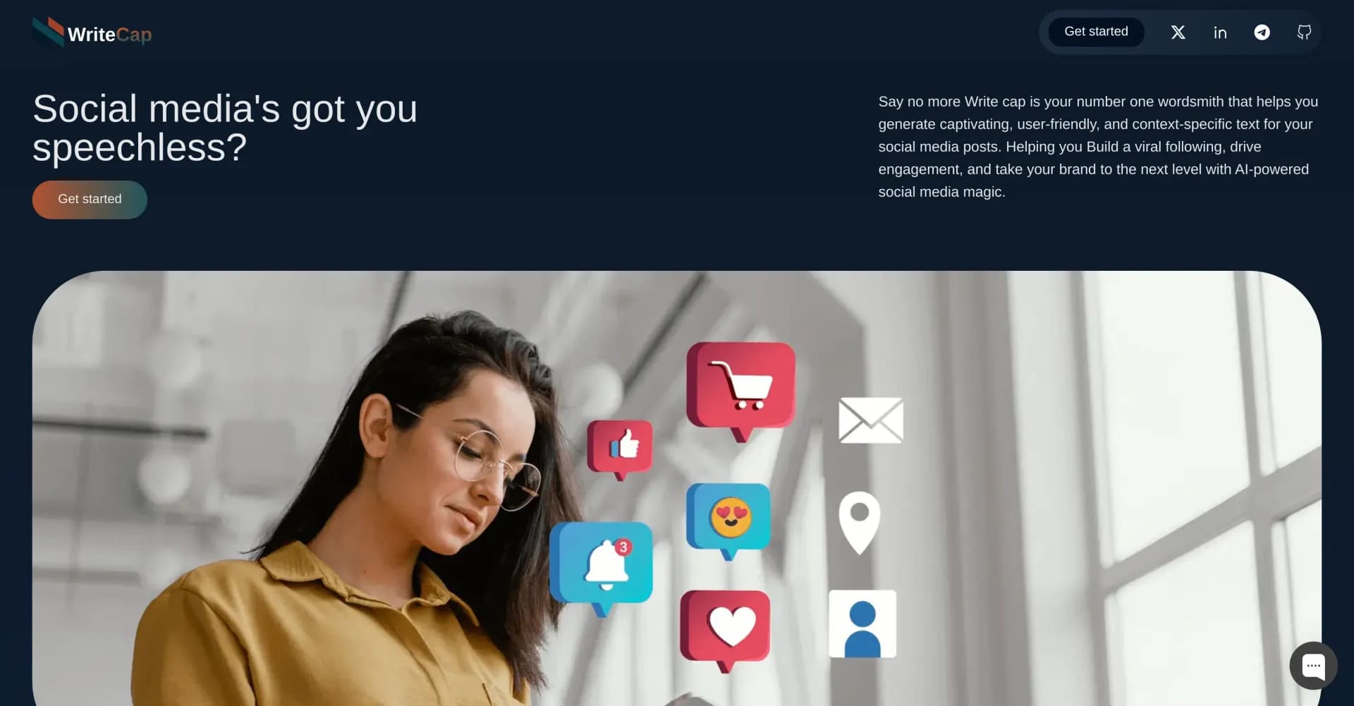 WriteCap homepage screenshot — AI-powered wordsmith for viral social media captions