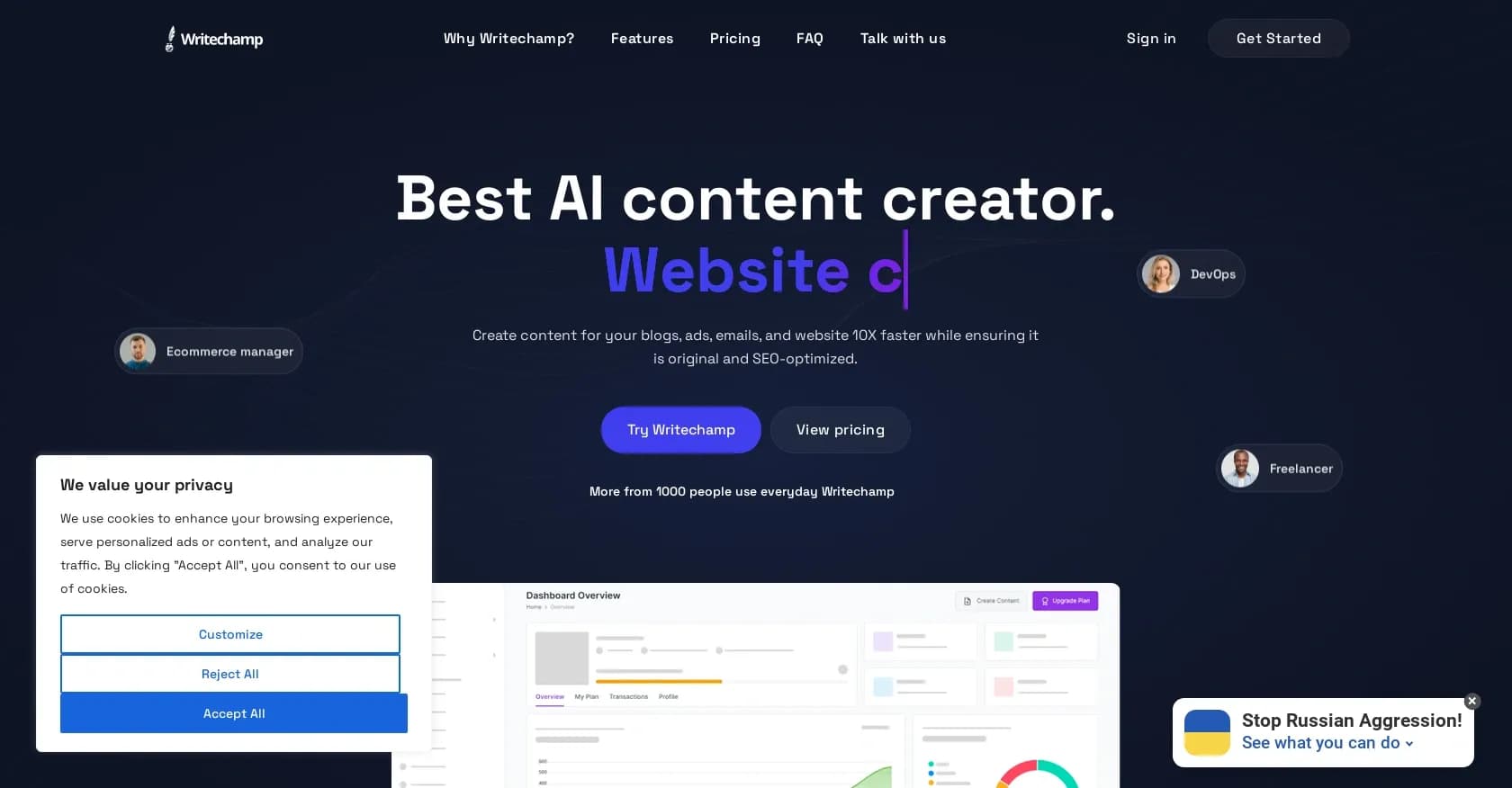 Writechamp homepage screenshot — AI-powered writing assistant for copywriting and paraphrasin