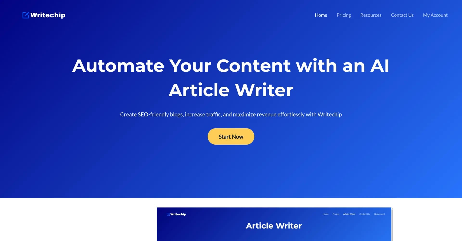 Writechip homepage screenshot — AI-powered content automation for SEO and revenue growth.