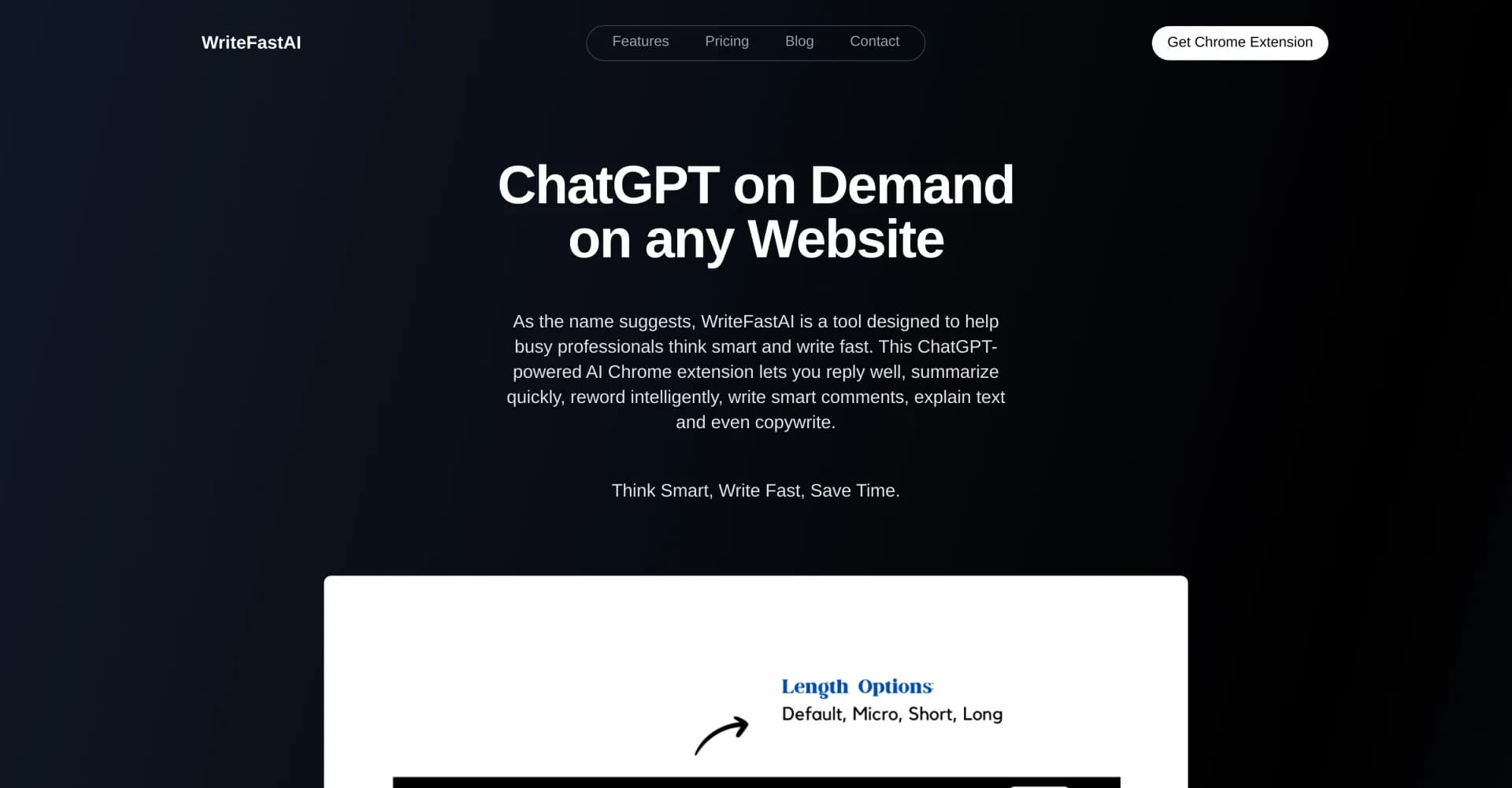 WriteFastAI homepage screenshot — Think smart, write fast, save time with ChatGPT.