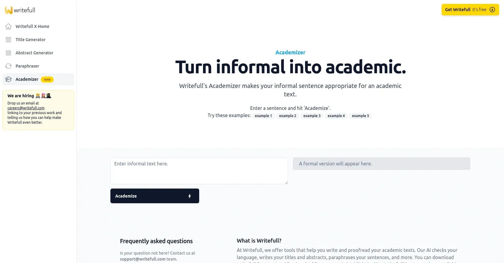 Writefull Academizer homepage screenshot — Transform informal text into academic prose