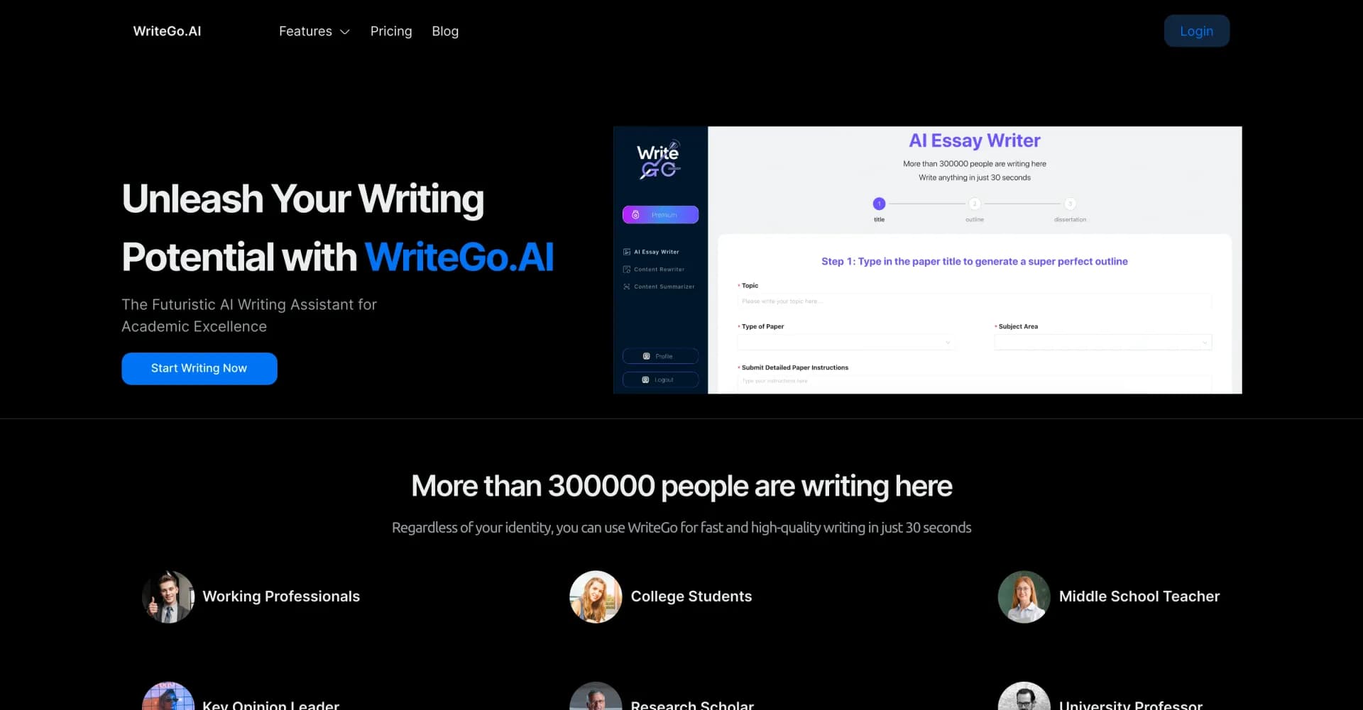 WriteGo homepage screenshot — Unleash your academic writing potential with AI.