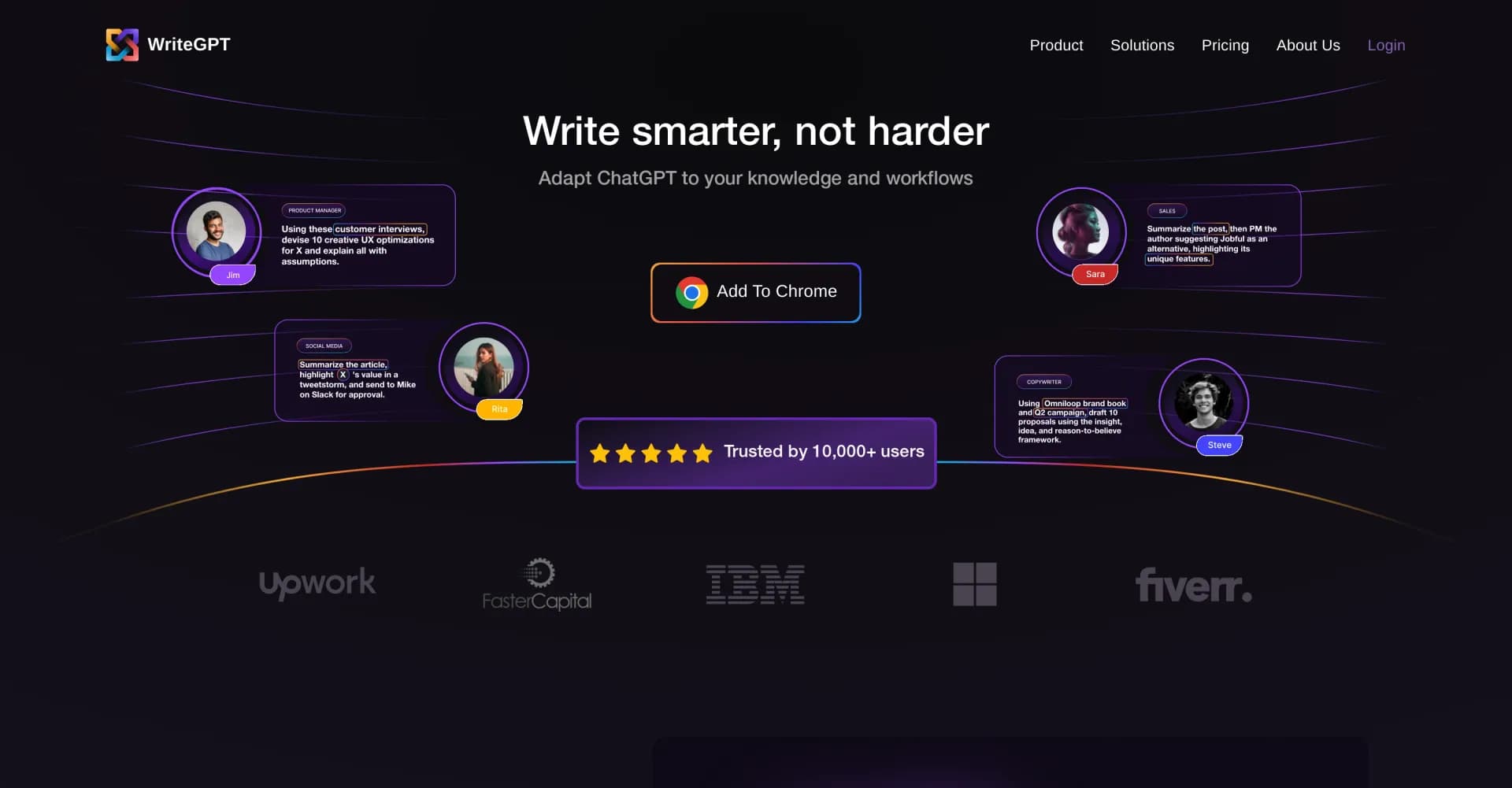 WriteGPT homepage screenshot — Write smarter, not harder with AI-driven development.