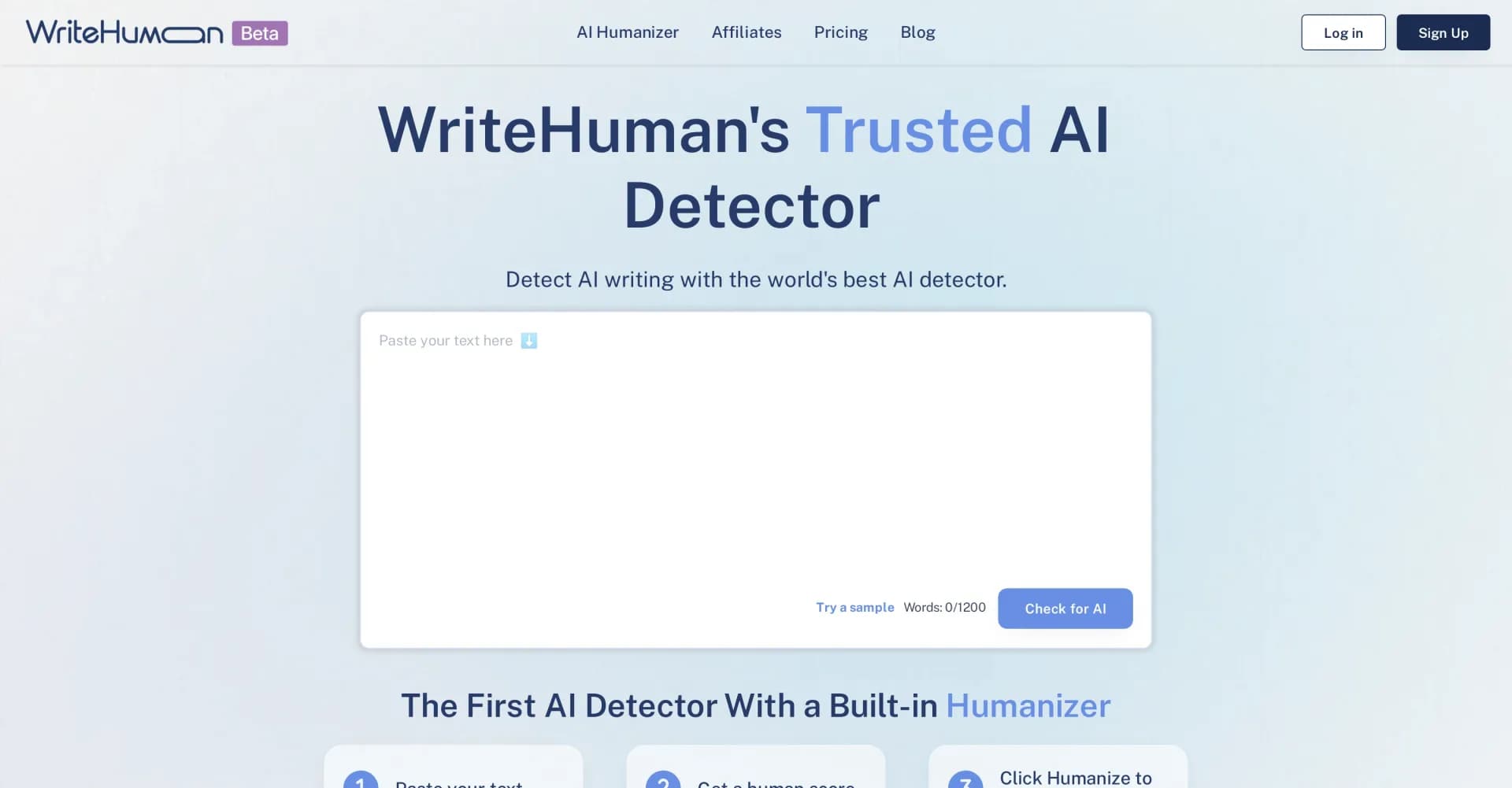 WriteHuman: AI Detector homepage screenshot — Discover WriteHuman's AI Detector: distinguishing between AI