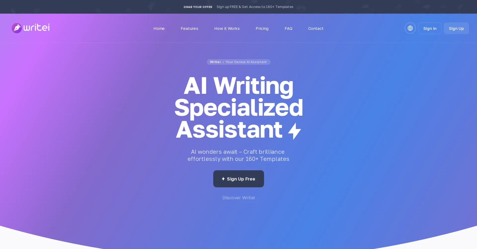 Writei homepage screenshot — Generate quality content in seconds with 160+ AI templates.