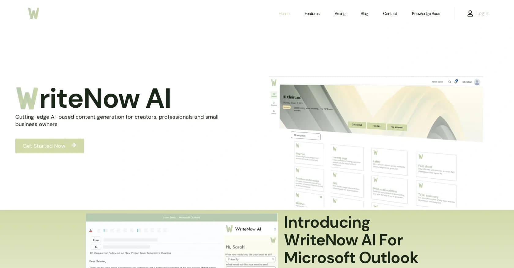 WriteNow AI homepage screenshot — AI-powered content generation for creators and businesses.