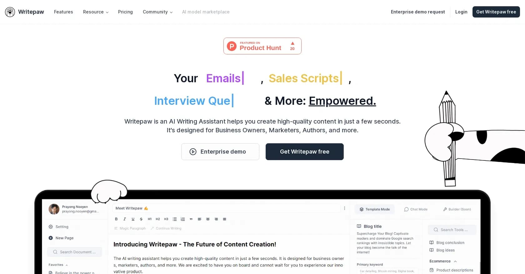 Writepaw homepage screenshot — AI writing assistant for rapid, high-quality content creatio