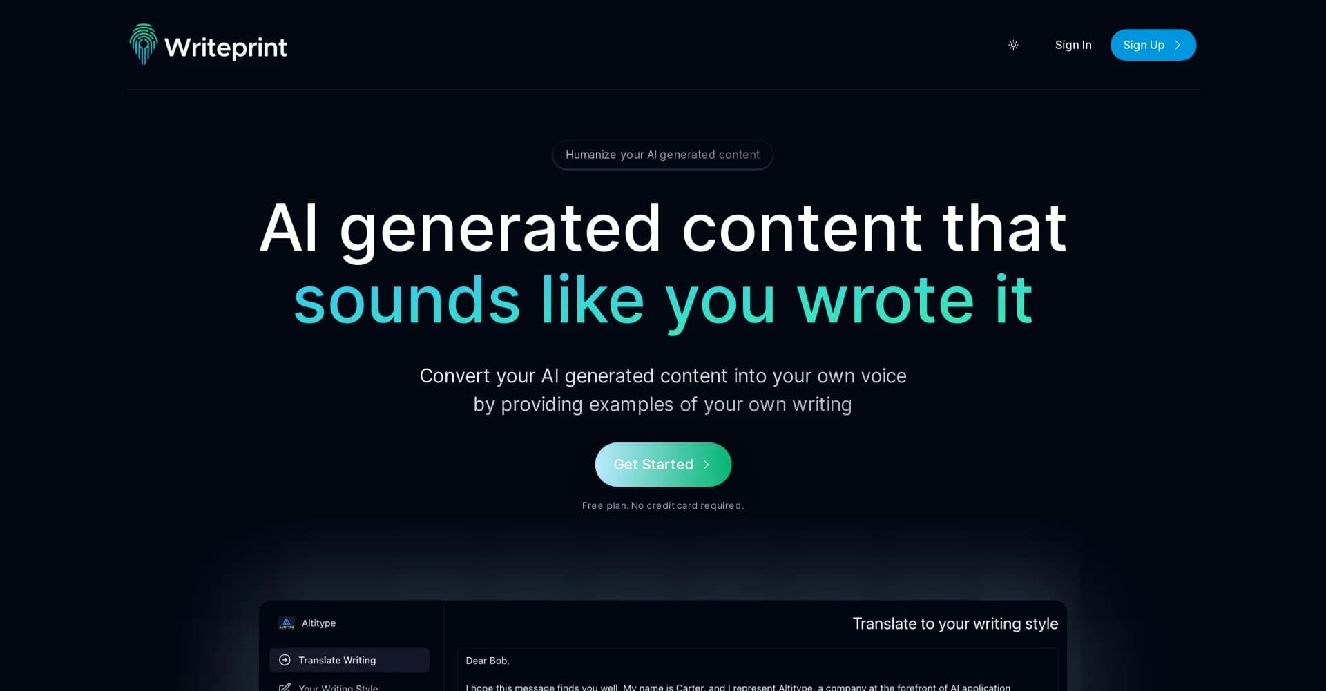 Writeprint.ai homepage screenshot — Convert AI content into your own voice.