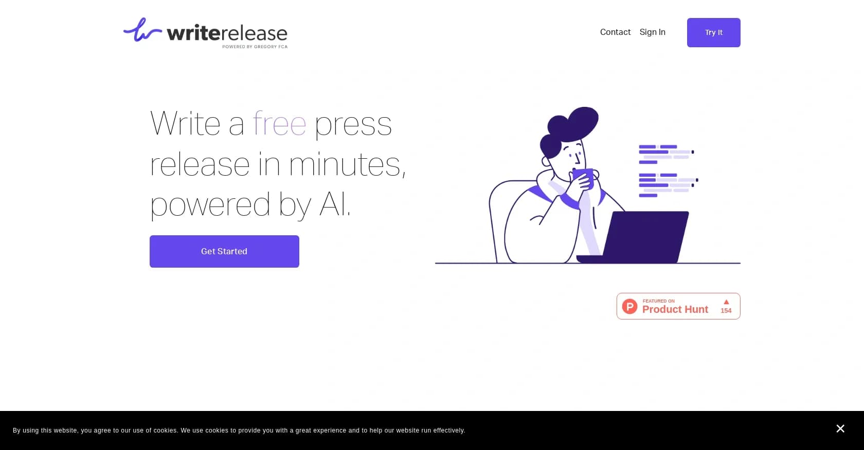 Writerelease homepage screenshot — Craft compelling press releases in minutes with AI.