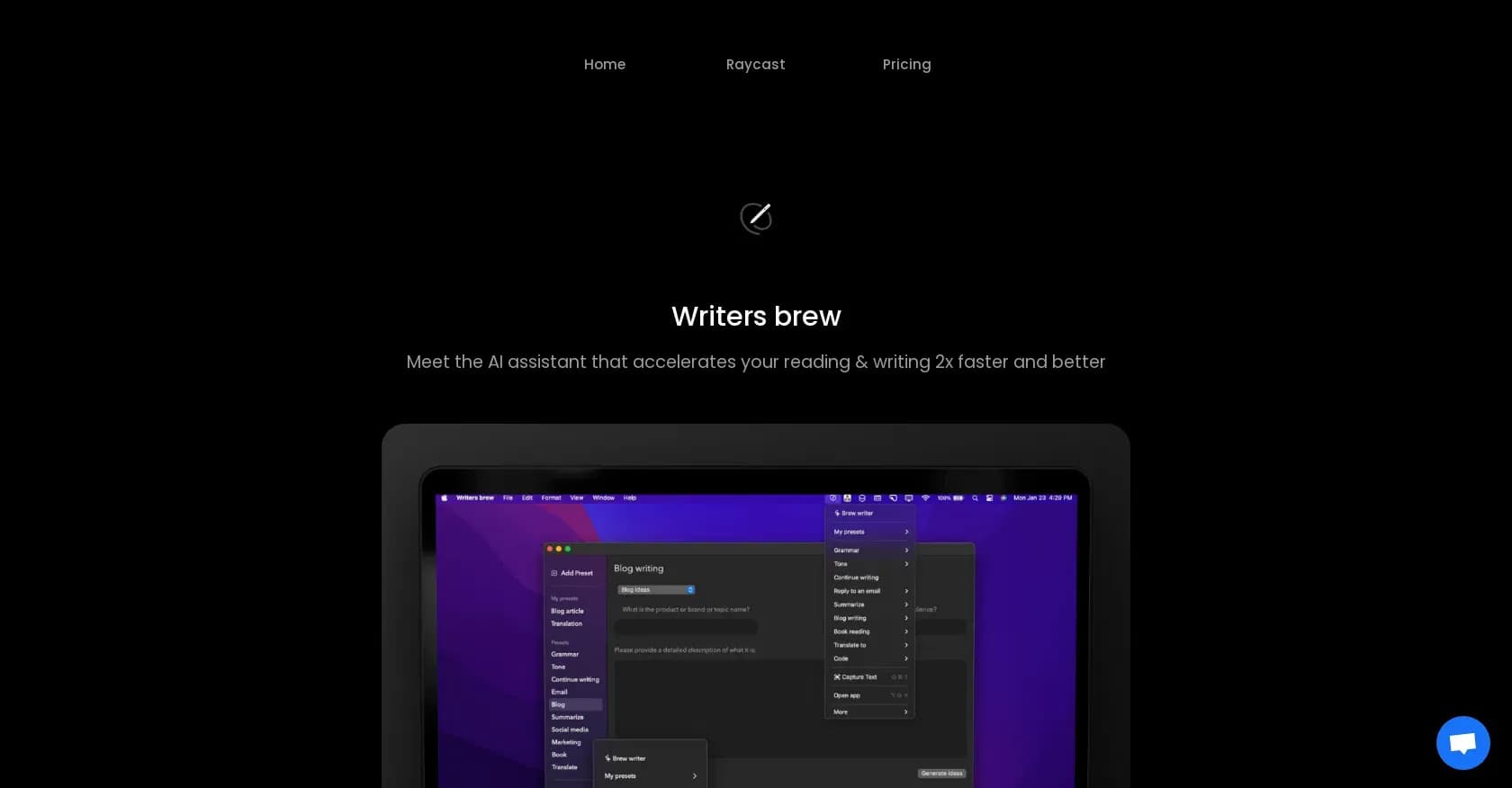 Writers brew homepage screenshot — AI assistant that accelerates your reading and writing 2x fa