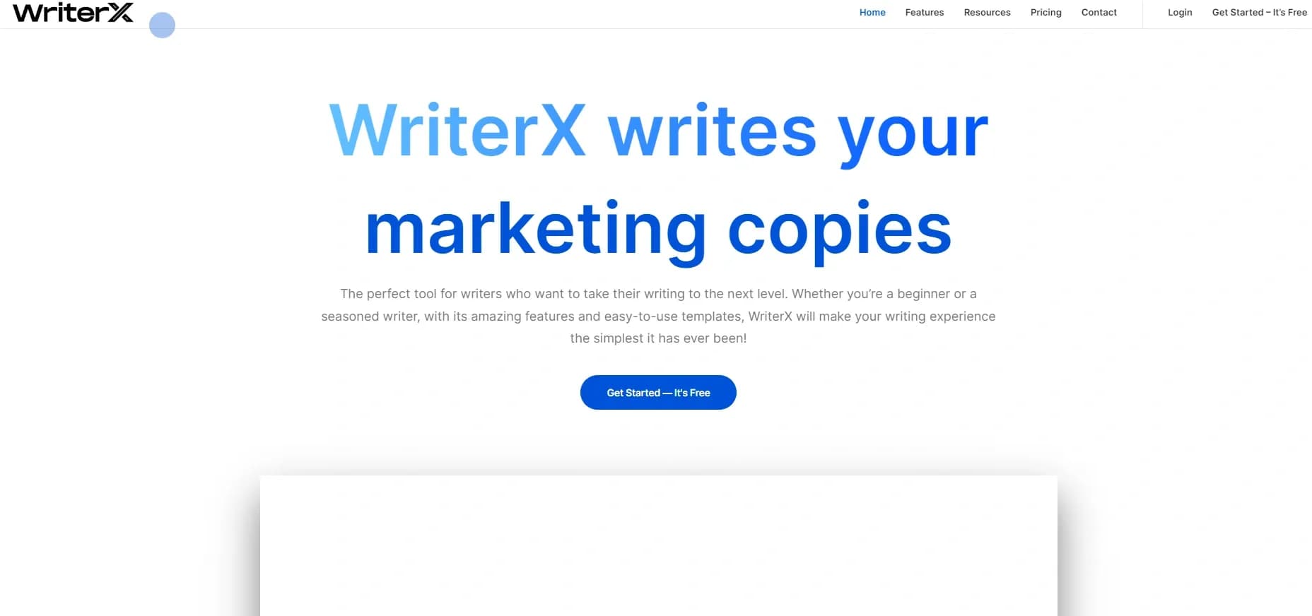 WriterX homepage screenshot — AI Writing Assistant for high-quality content, fast.