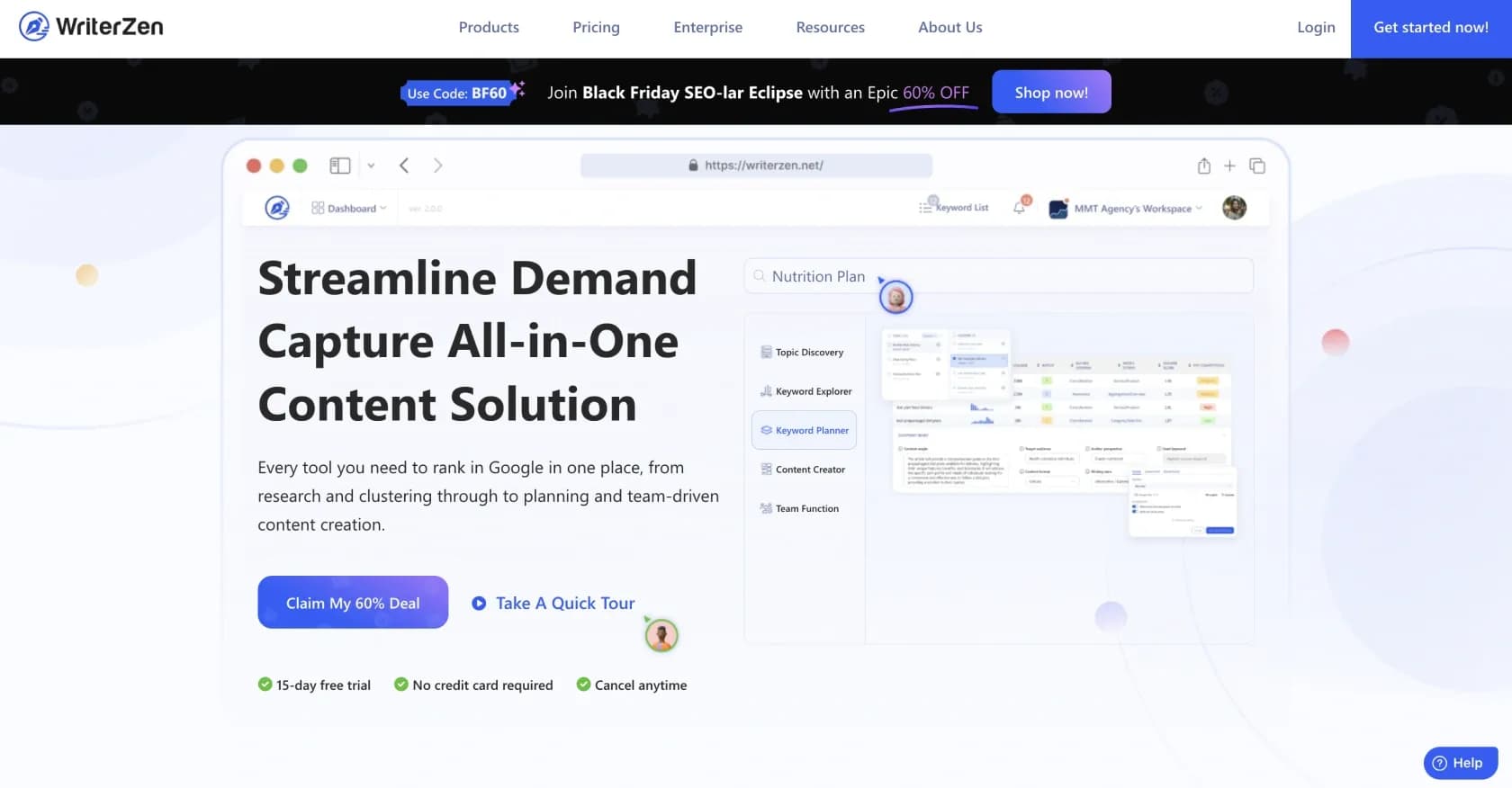 WriterZen homepage screenshot — All-in-One Keyword Research & Content Solution