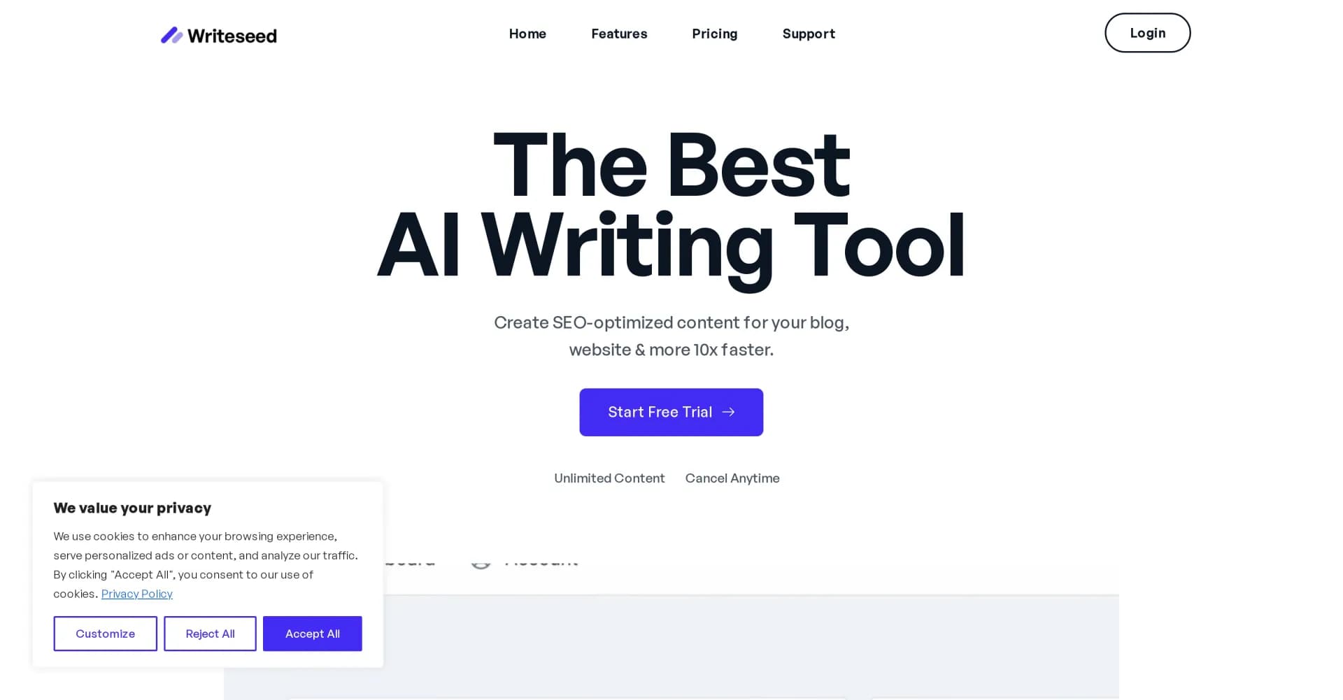 Writeseed homepage screenshot — Create SEO-optimized content 10x faster.