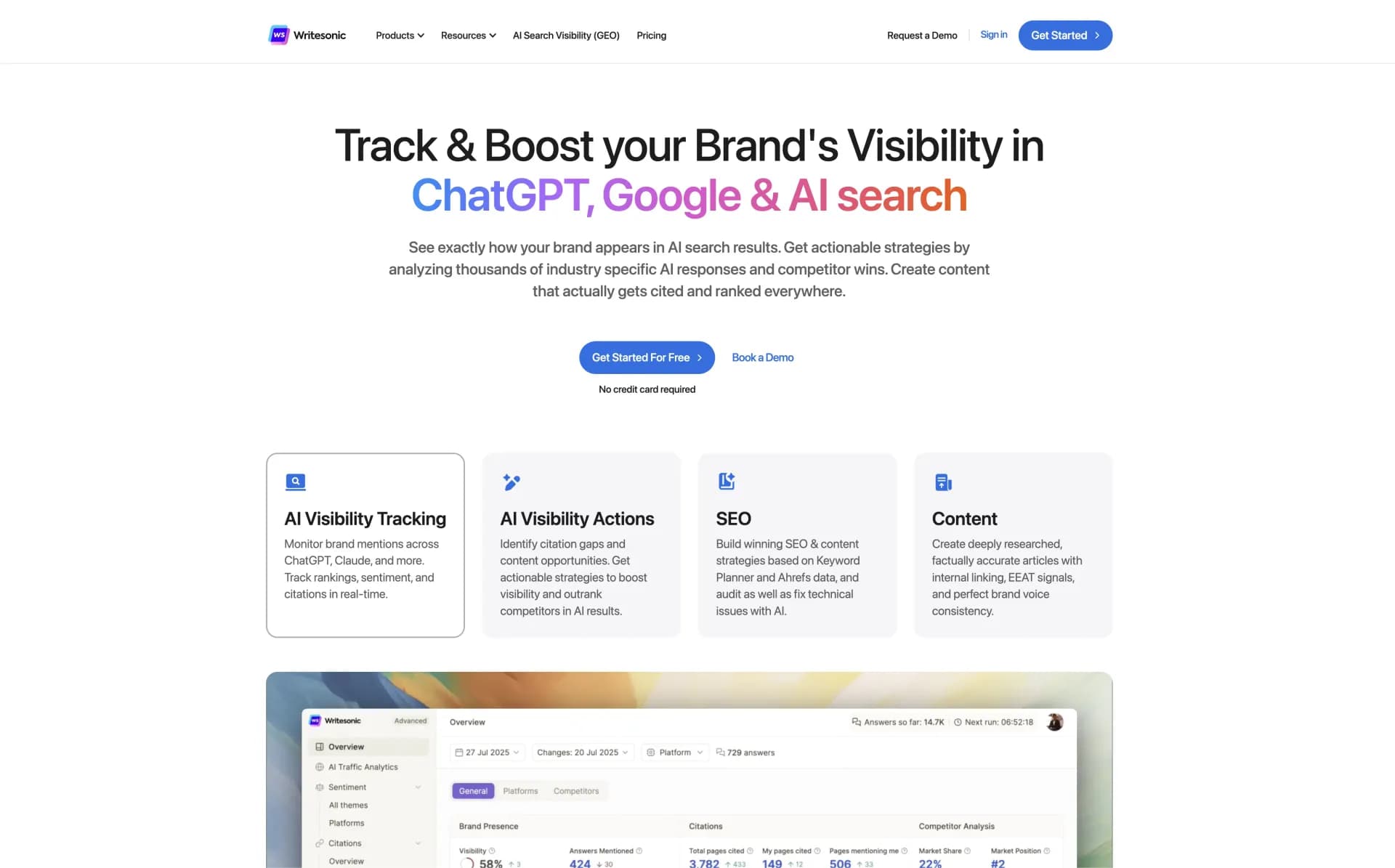 Writesonic homepage screenshot — Craft accurate content, optimize SEO, build AI chatbots
