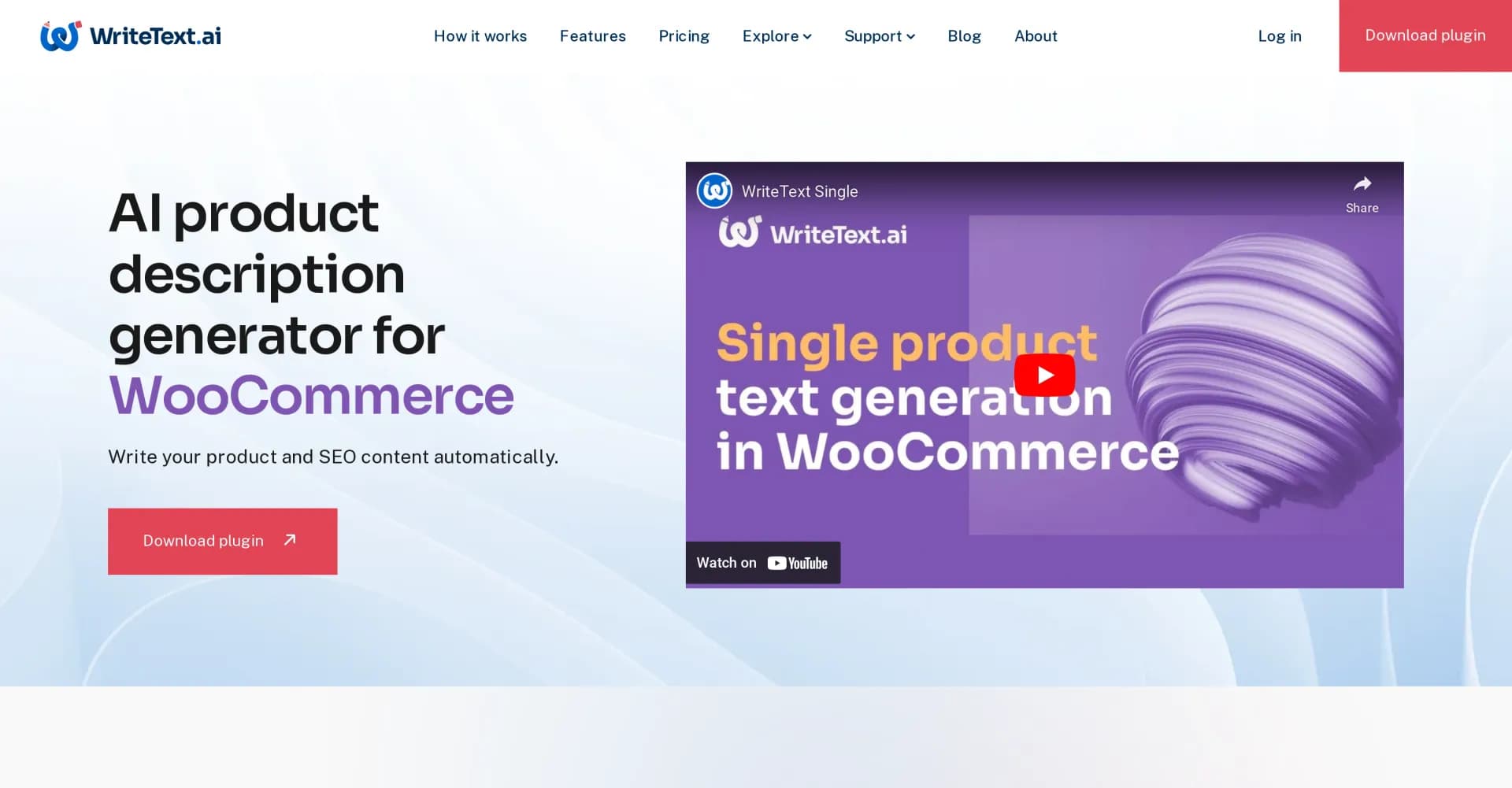 WriteText.ai homepage screenshot — AI-powered copywriting for ecommerce