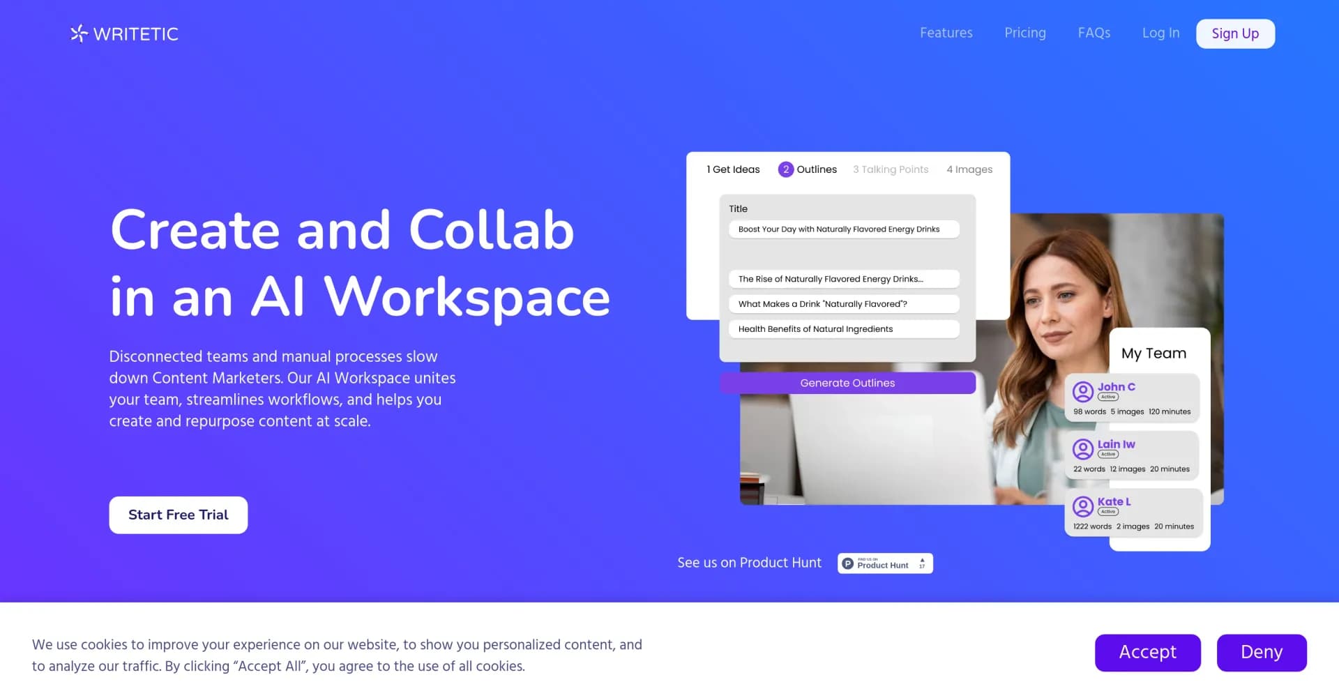 Writetic homepage screenshot — AI workspace for content marketers to collaborate and scale
