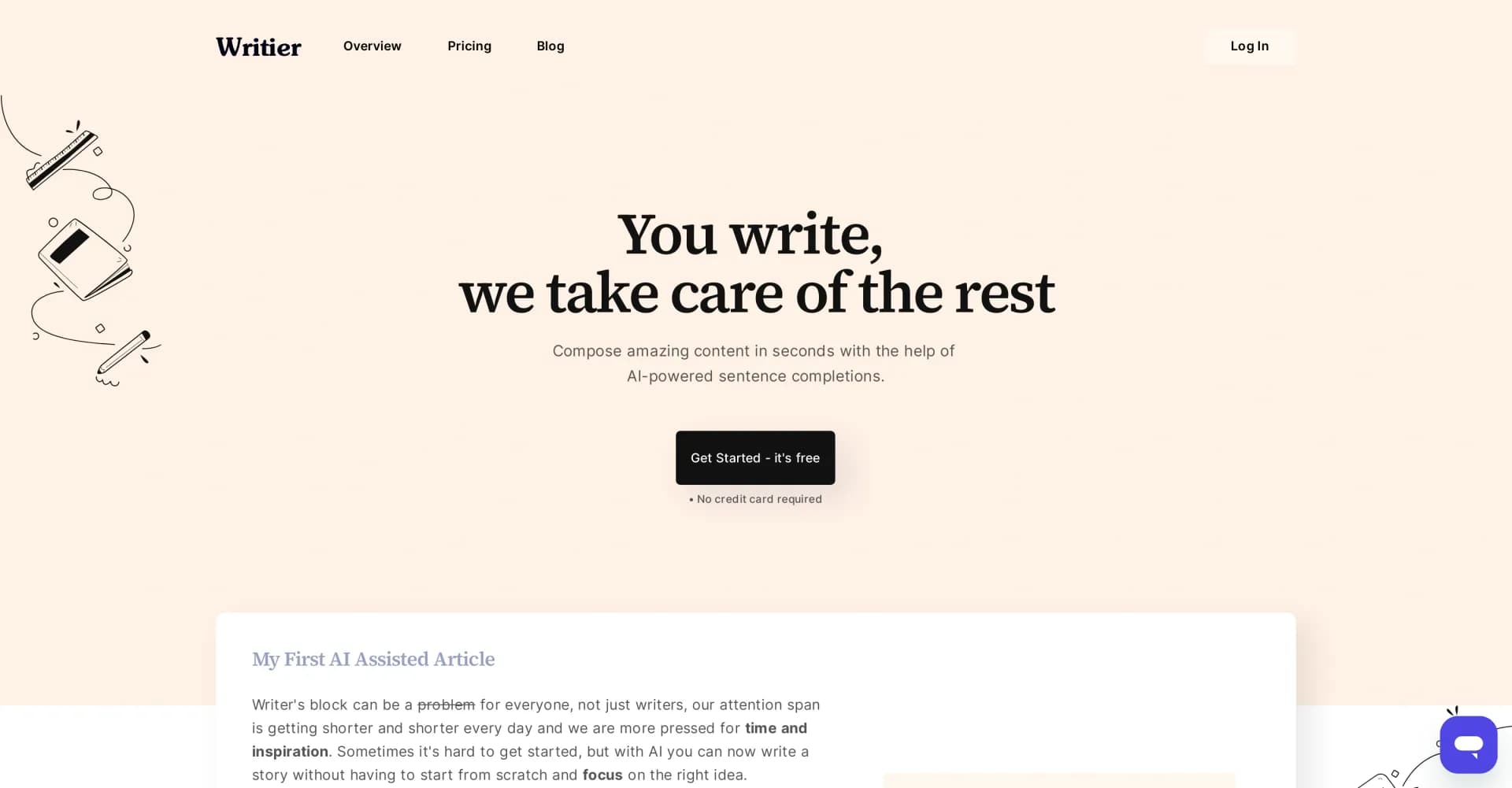 Writier homepage screenshot — AI-powered sentence completions to banish writer's block.