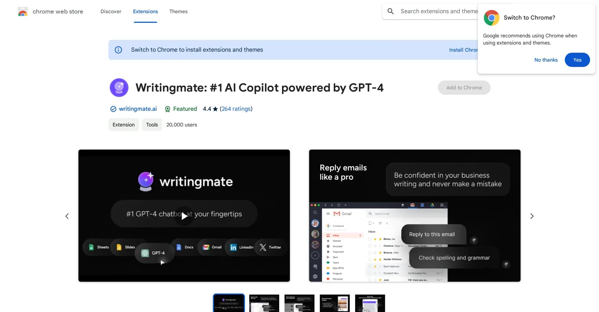 WritingMate homepage screenshot — Writing and communication assistant.