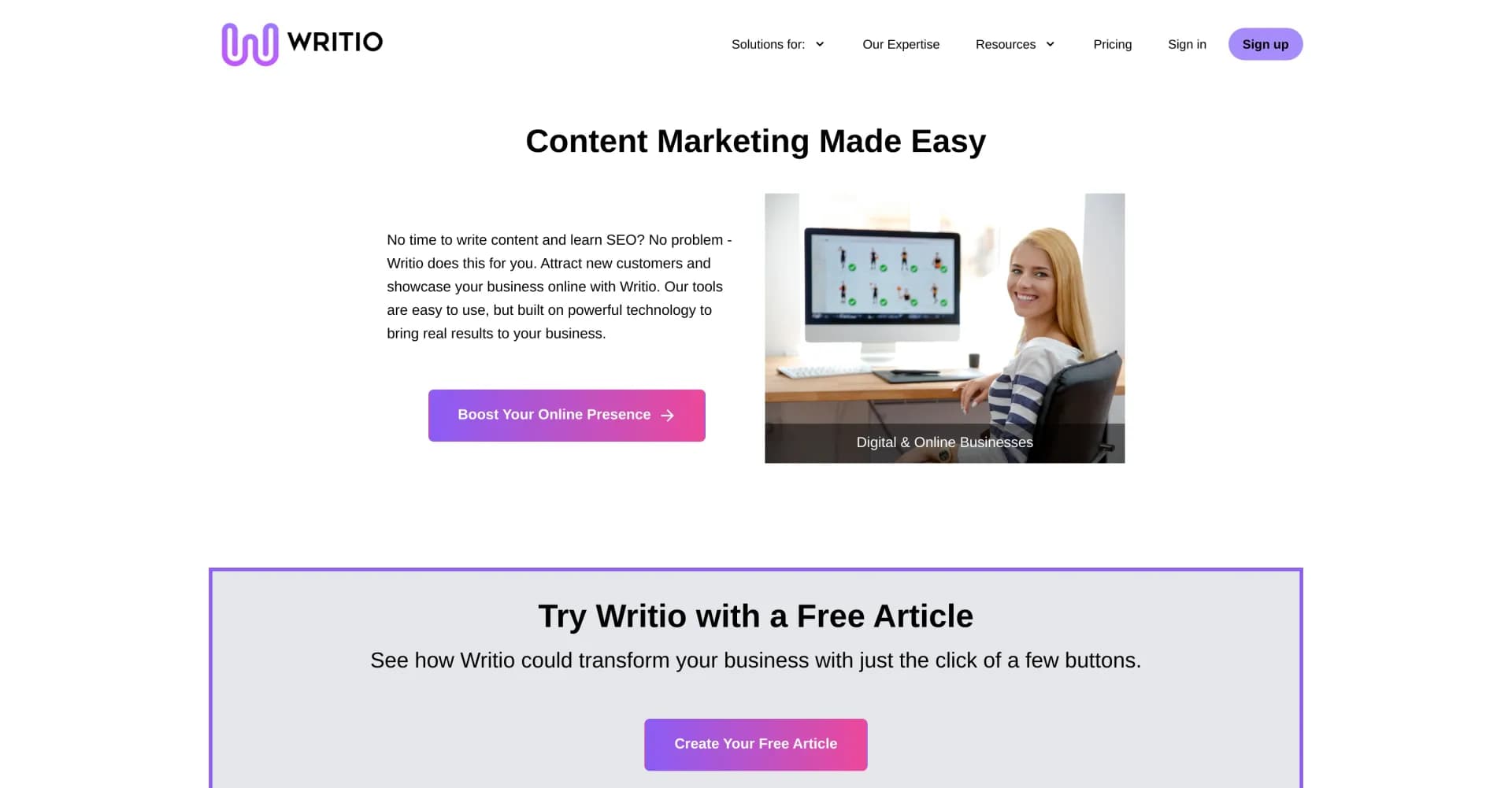 Writio homepage screenshot — AI-powered content creation for effortless marketing.