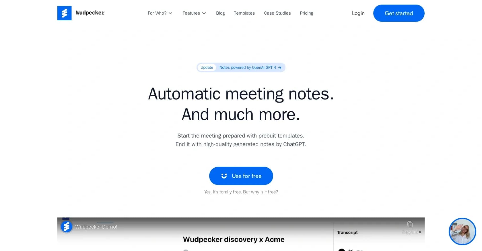 Wudpecker homepage screenshot — AI-powered meeting assistant for perfect notes.