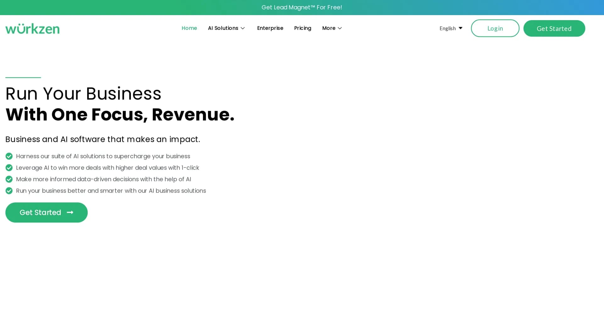 Wurkzen homepage screenshot — AI-powered revenue performance and business management