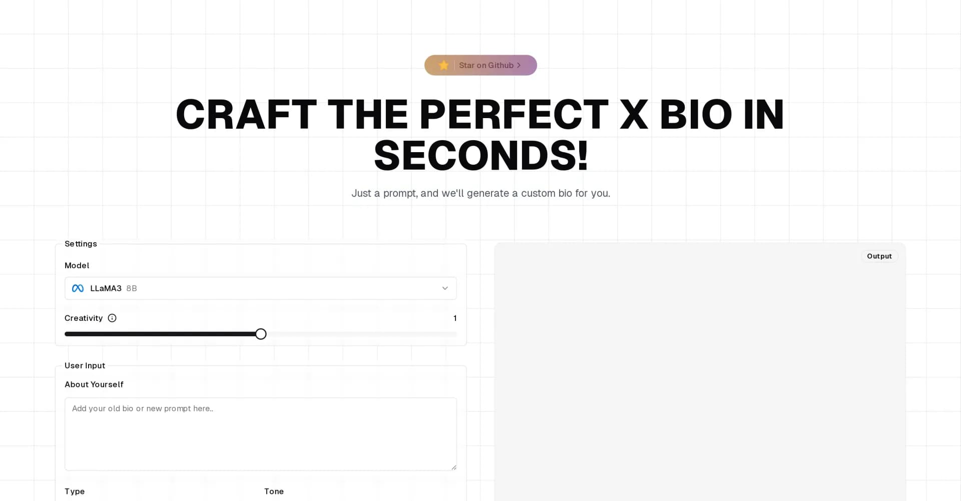X Bio Generator homepage screenshot — Craft the perfect X bio in seconds.