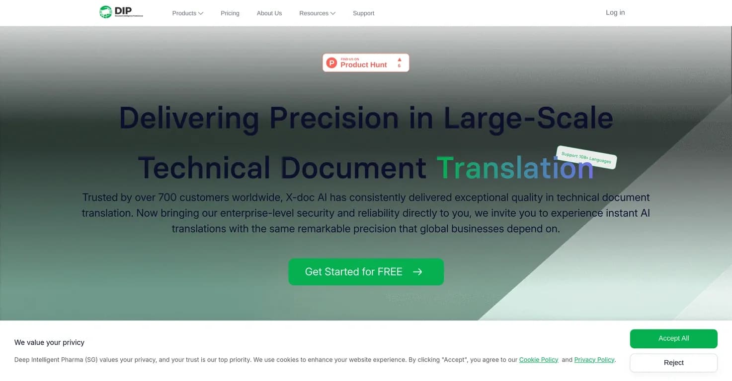 X-doc homepage screenshot — Precision AI for technical document translation