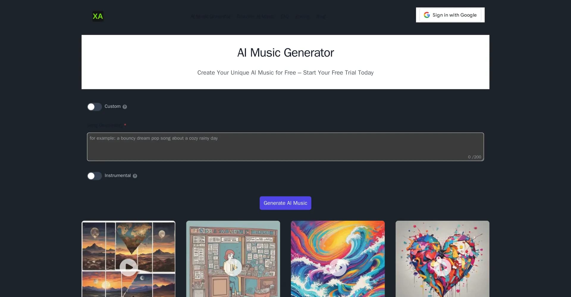 XA AI Music homepage screenshot — Create unique songs from text prompts