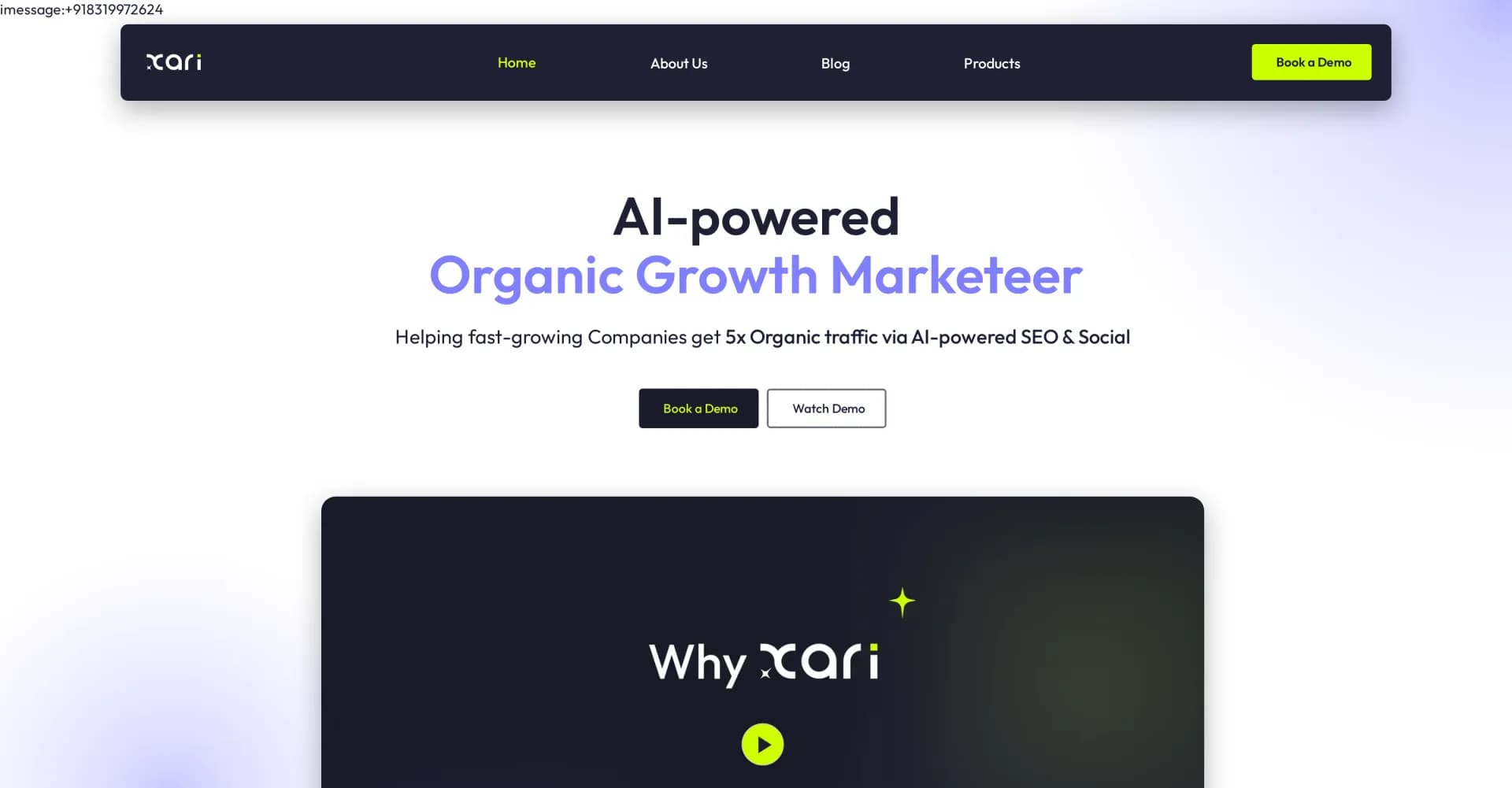 Xari homepage screenshot — AI-powered organic growth for 5x traffic boost