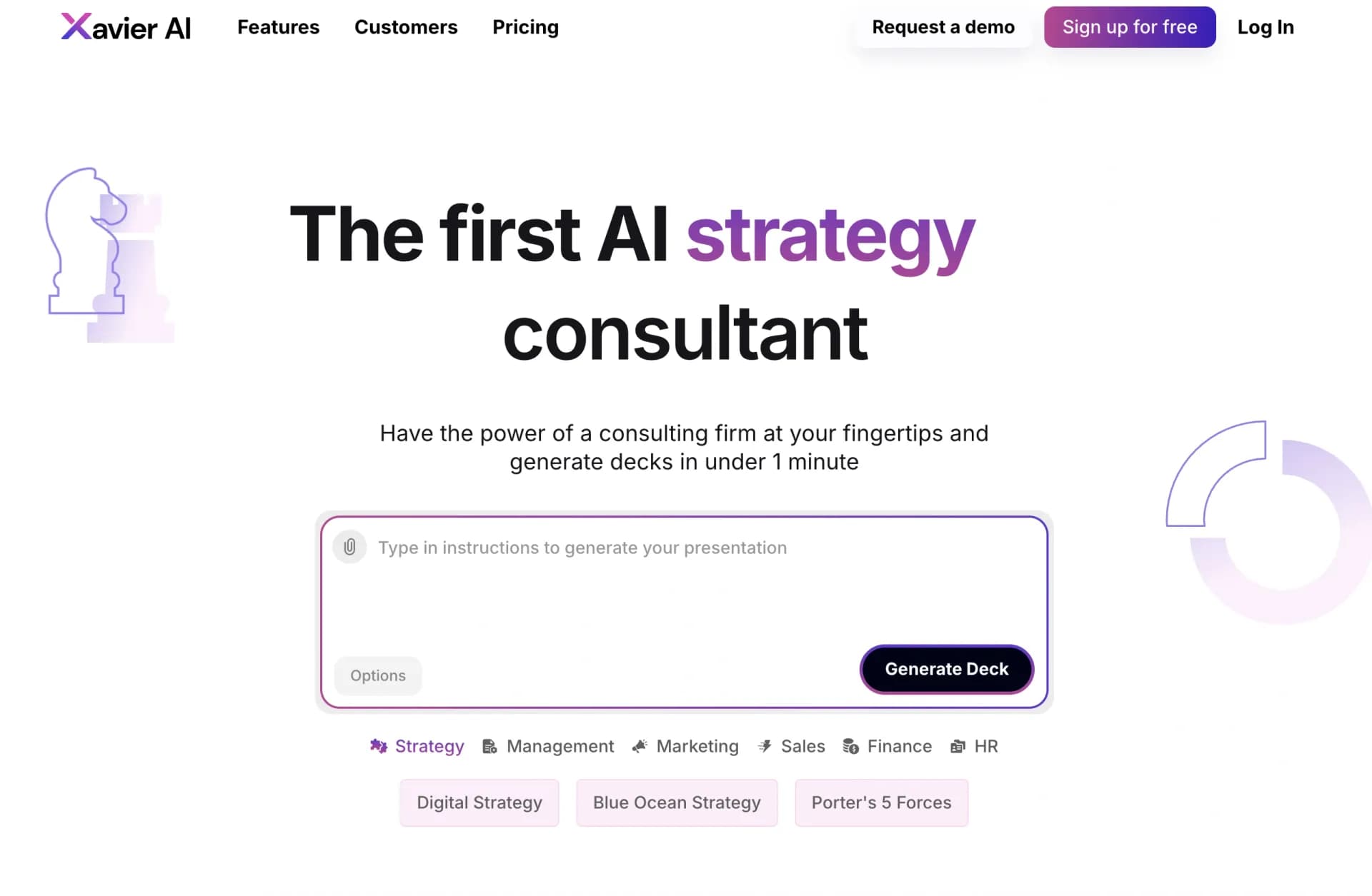 Xavier AI homepage screenshot — Generate strategic consulting decks in under 1 minute.