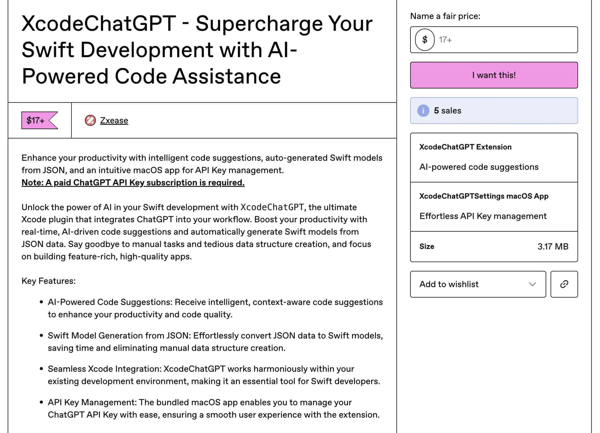 XcodeChatGPT homepage screenshot — Supercharge Swift development with AI-powered code assistanc