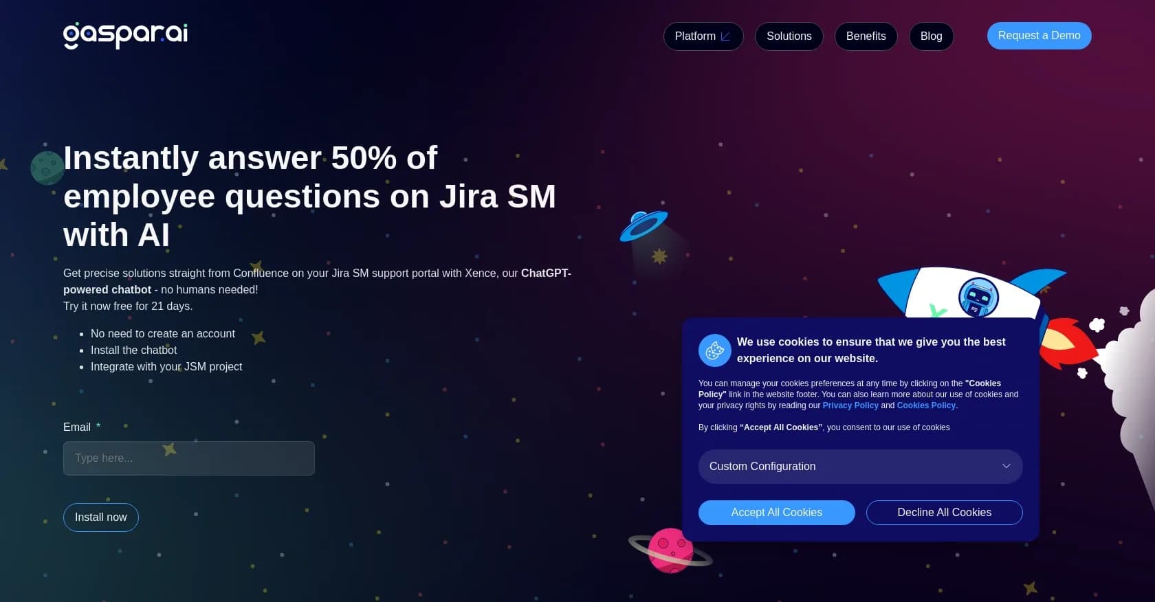 Xence AI homepage screenshot — AI chatbot answers 50% of employee questions on Jira SM.